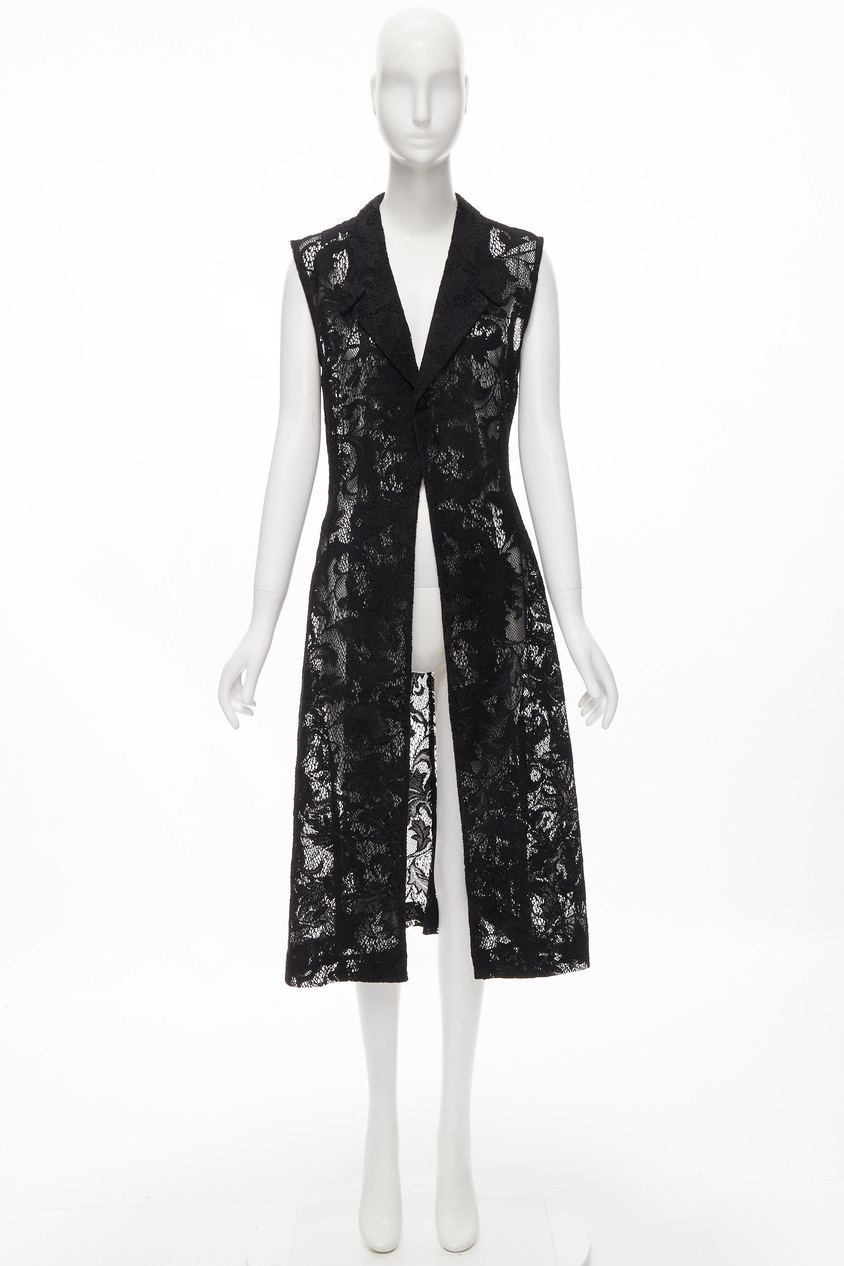 vintage COMME DES GARCONS 1992 black floral lace loose single button long vest S 3