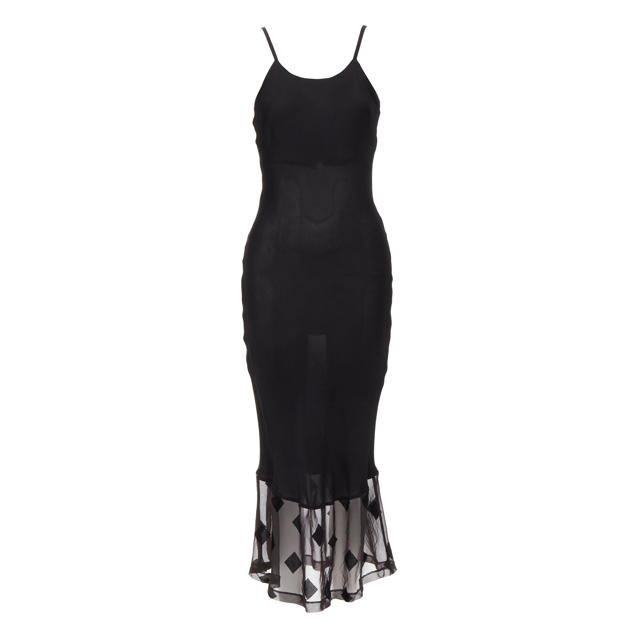 vintage COMME DES GARCONS 1992 black rayon velvet square sheer hem slip dress S
