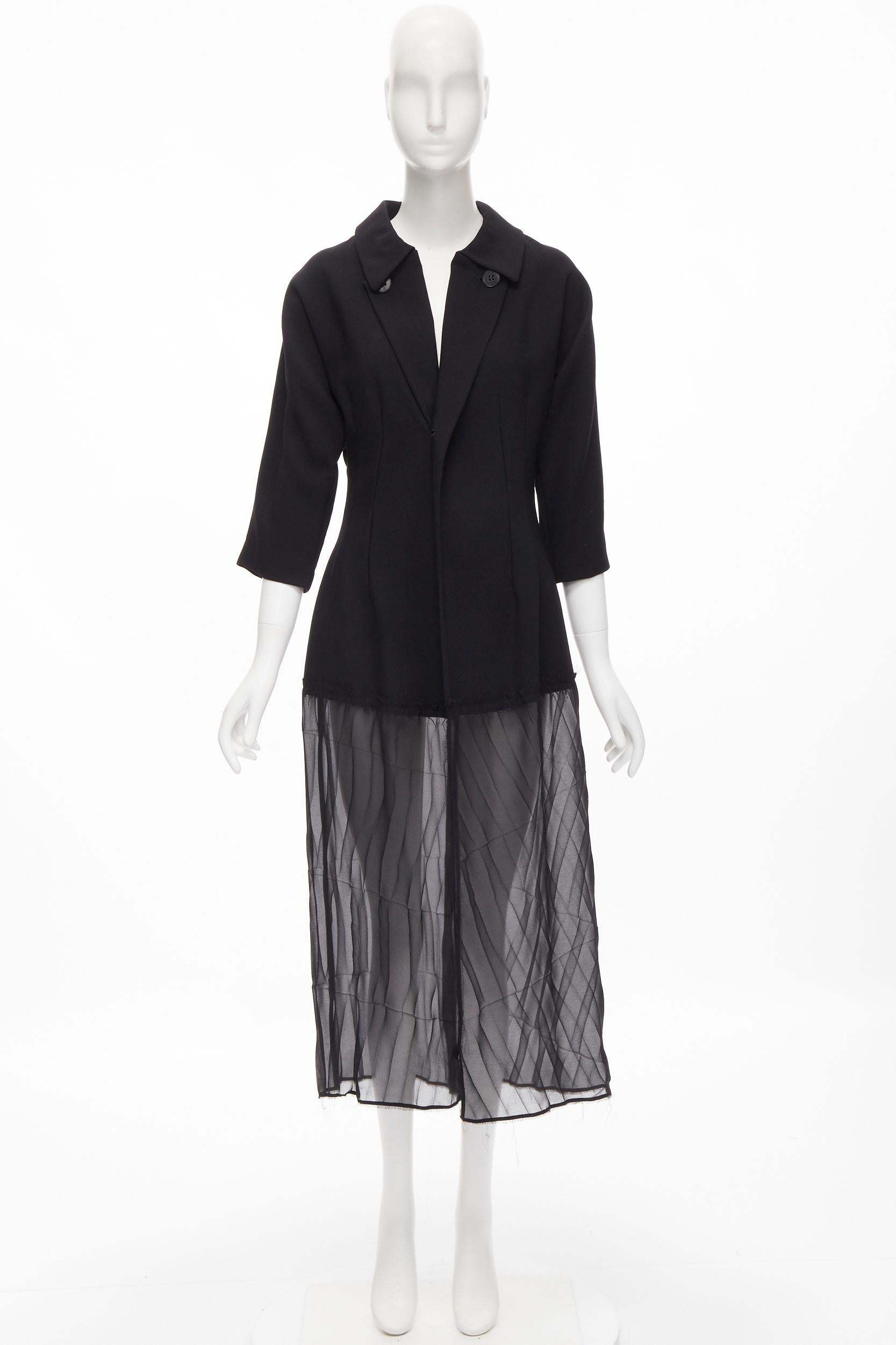 vintage COMME DES GARCONS 1992 black wool 3/4 sleeve crinkled sheer hem coat S For Sale 5