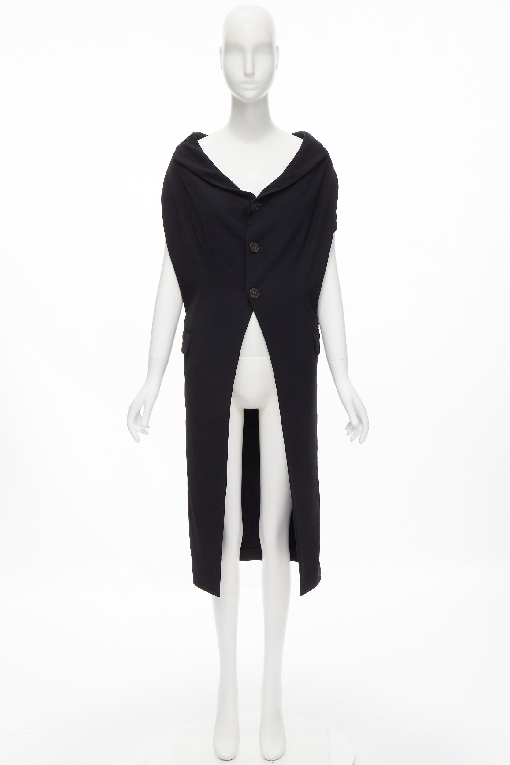 COMME DES GARCONS Gilet long vintage drapé en laine noire à large col, 1992 5