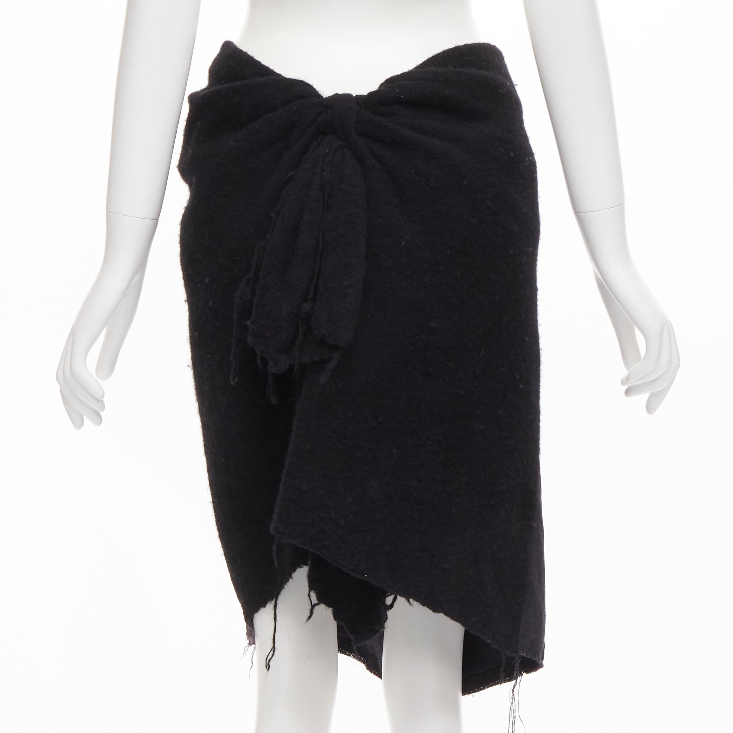 Women's vintage COMME DES GARCONS 1994 black boiled wool knot tie distressed skirt M