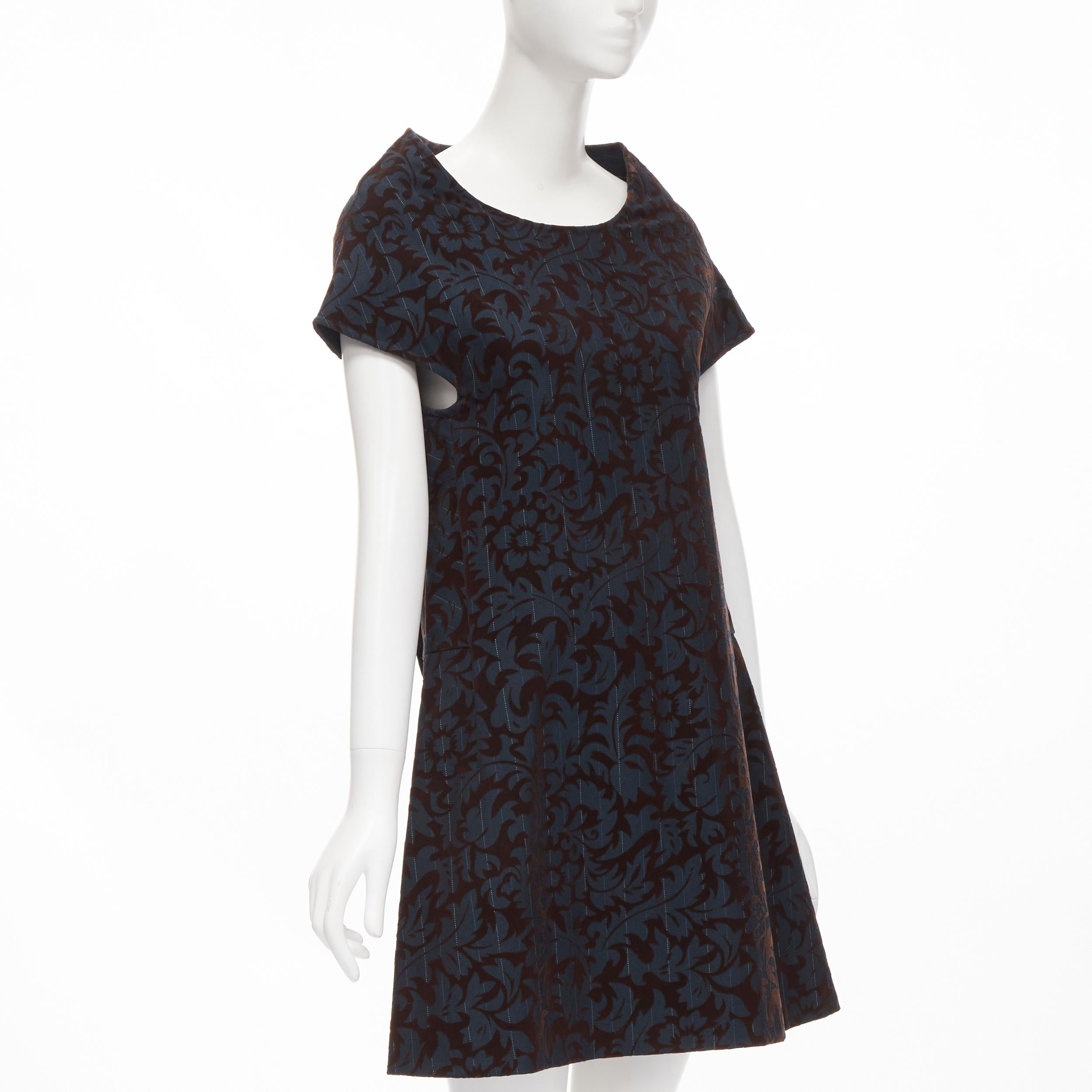 Black vintage COMME DES GARCONS 1996 blue pinstripe brown floral devore A-line dress S For Sale