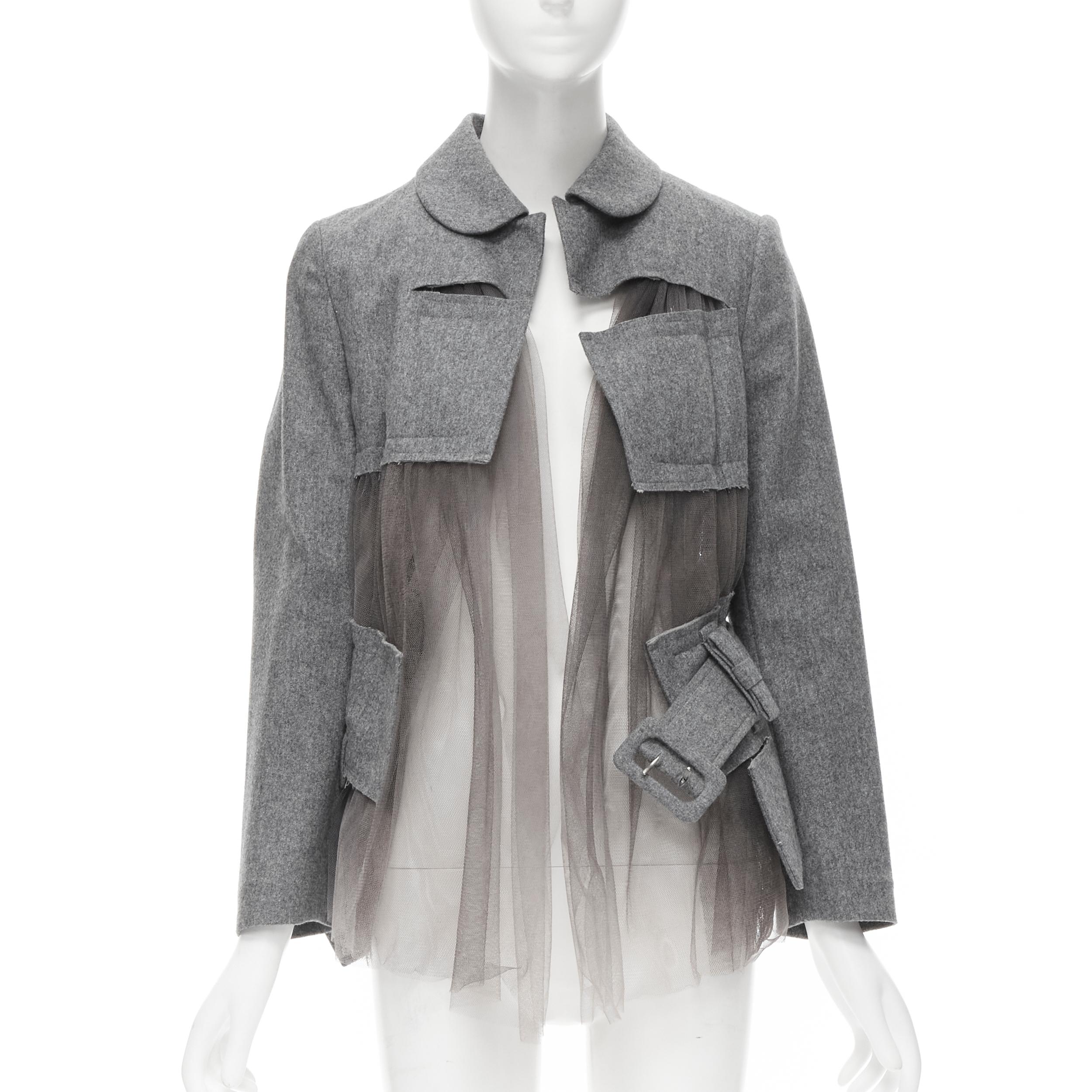 Gris COMME DES GARCONS - Veste vintage déconstruite à ceinture en tulle gris, 2006 en vente