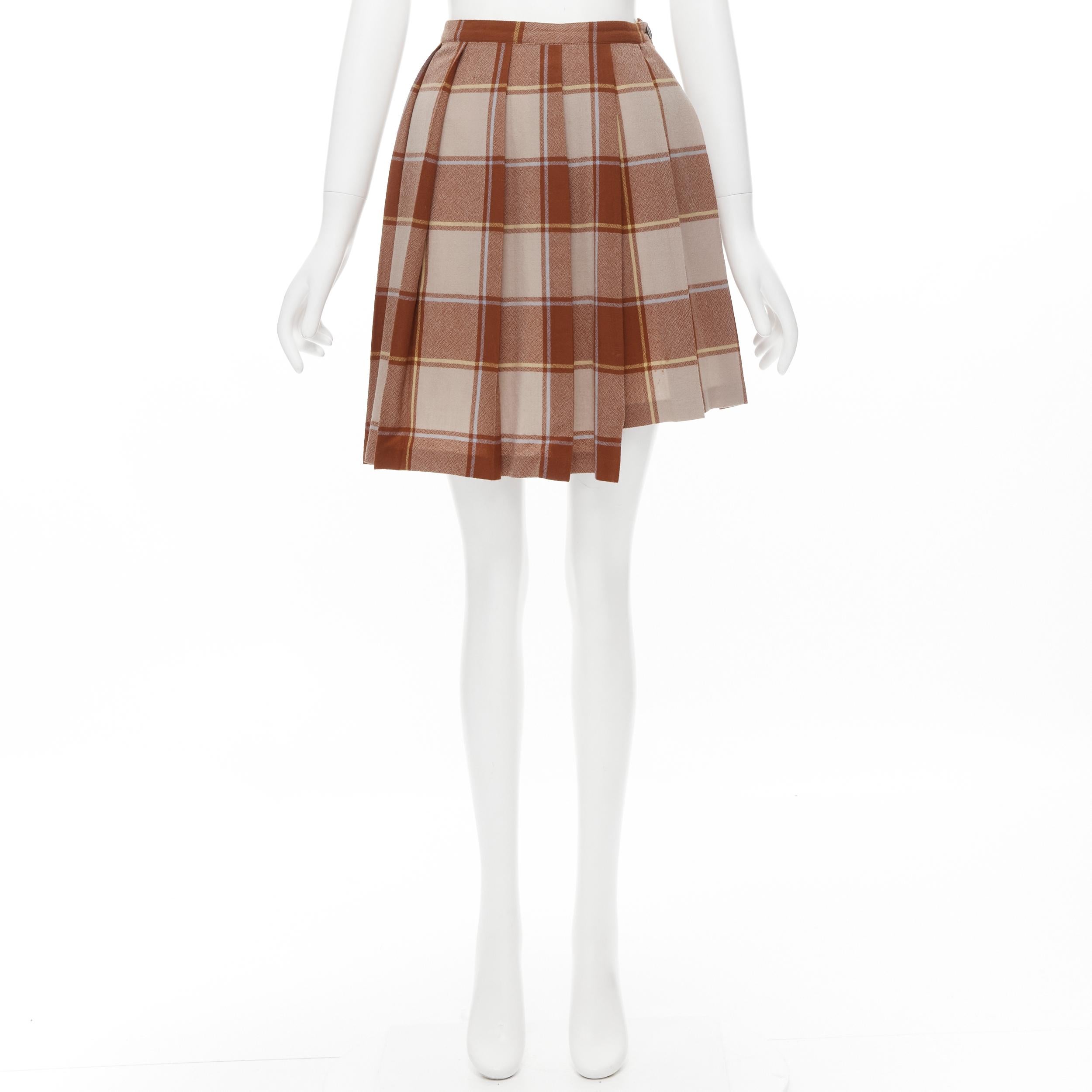 vintage COMME DES GARCONS 80s brown plaid check pleated step hem wool skirt For Sale 4