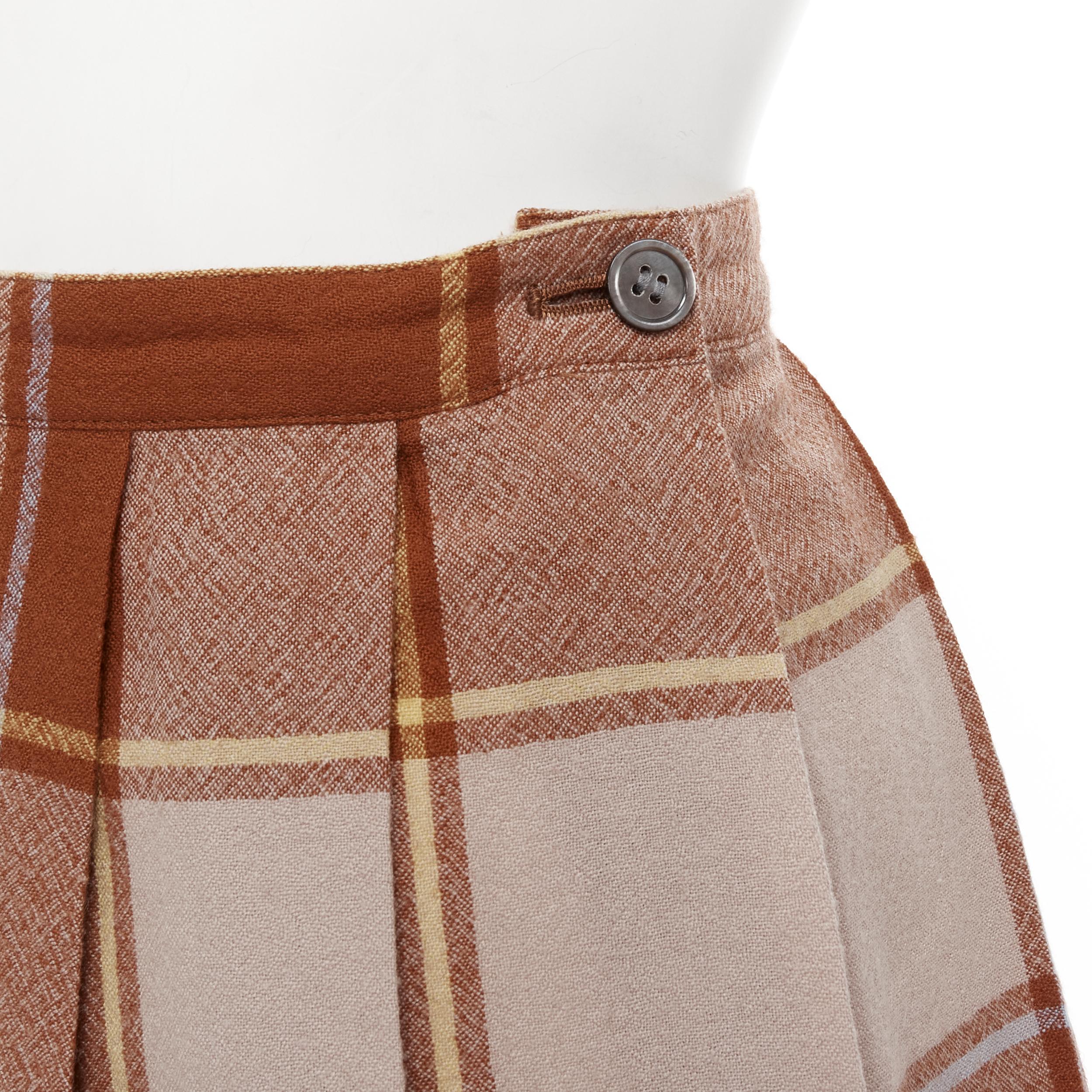 Brown vintage COMME DES GARCONS 80s brown plaid check pleated step hem wool skirt For Sale