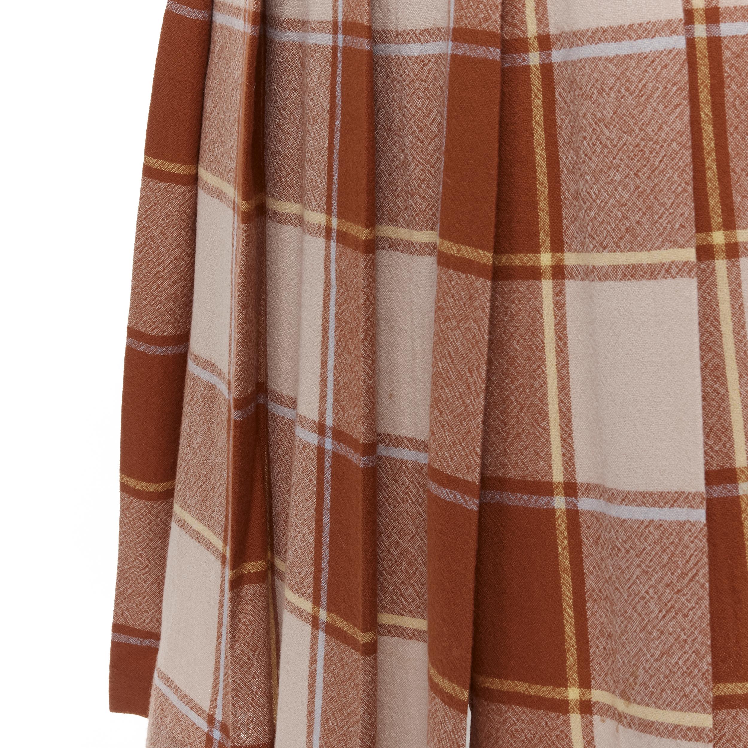 vintage COMME DES GARCONS 80s brown plaid check pleated step hem wool skirt In Fair Condition For Sale In Hong Kong, NT