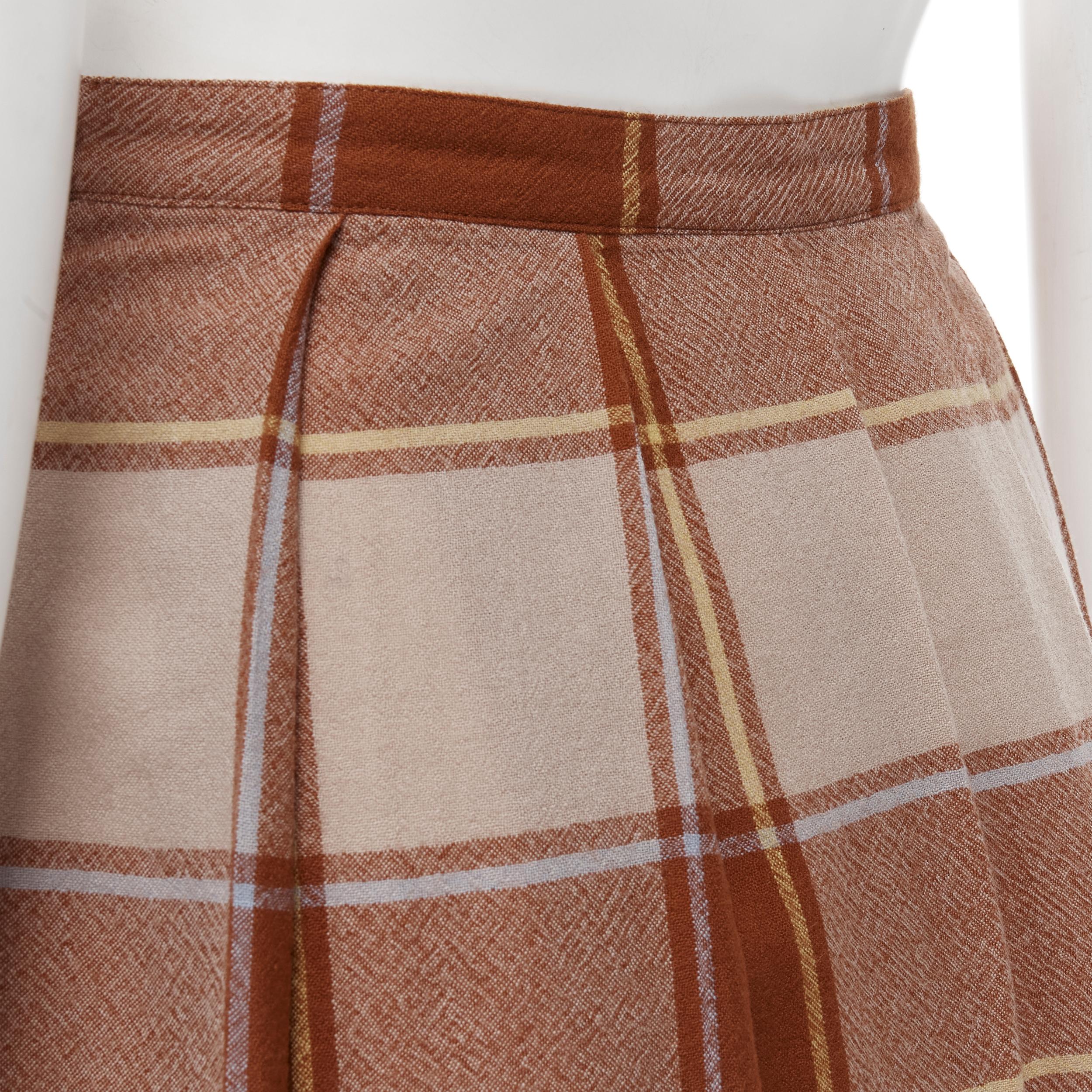 Women's vintage COMME DES GARCONS 80s brown plaid check pleated step hem wool skirt For Sale