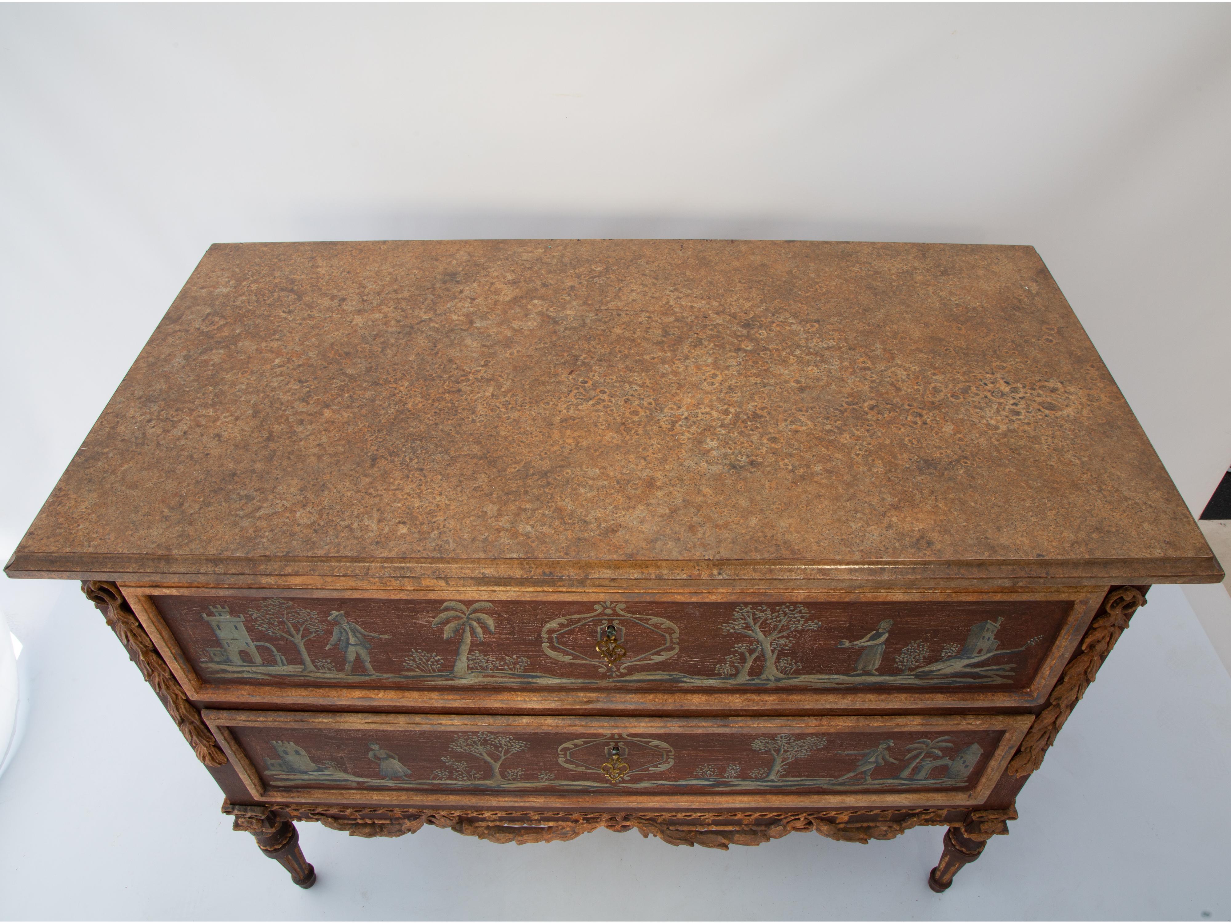 Commode Vintage avec scènes peintes à la main et festons de feuillage en vente 3
