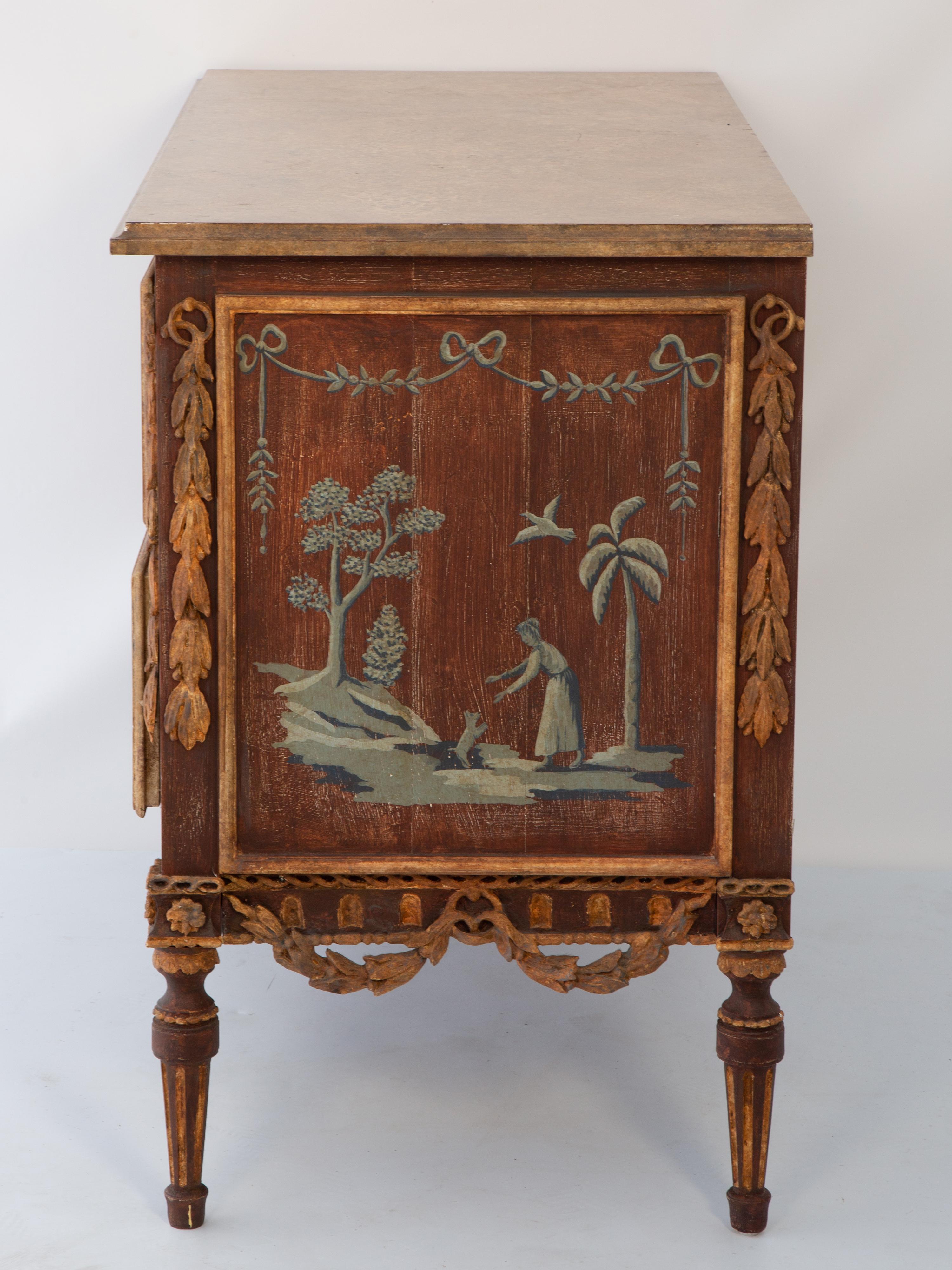 Néo-Renaissance Commode Vintage avec scènes peintes à la main et festons de feuillage en vente