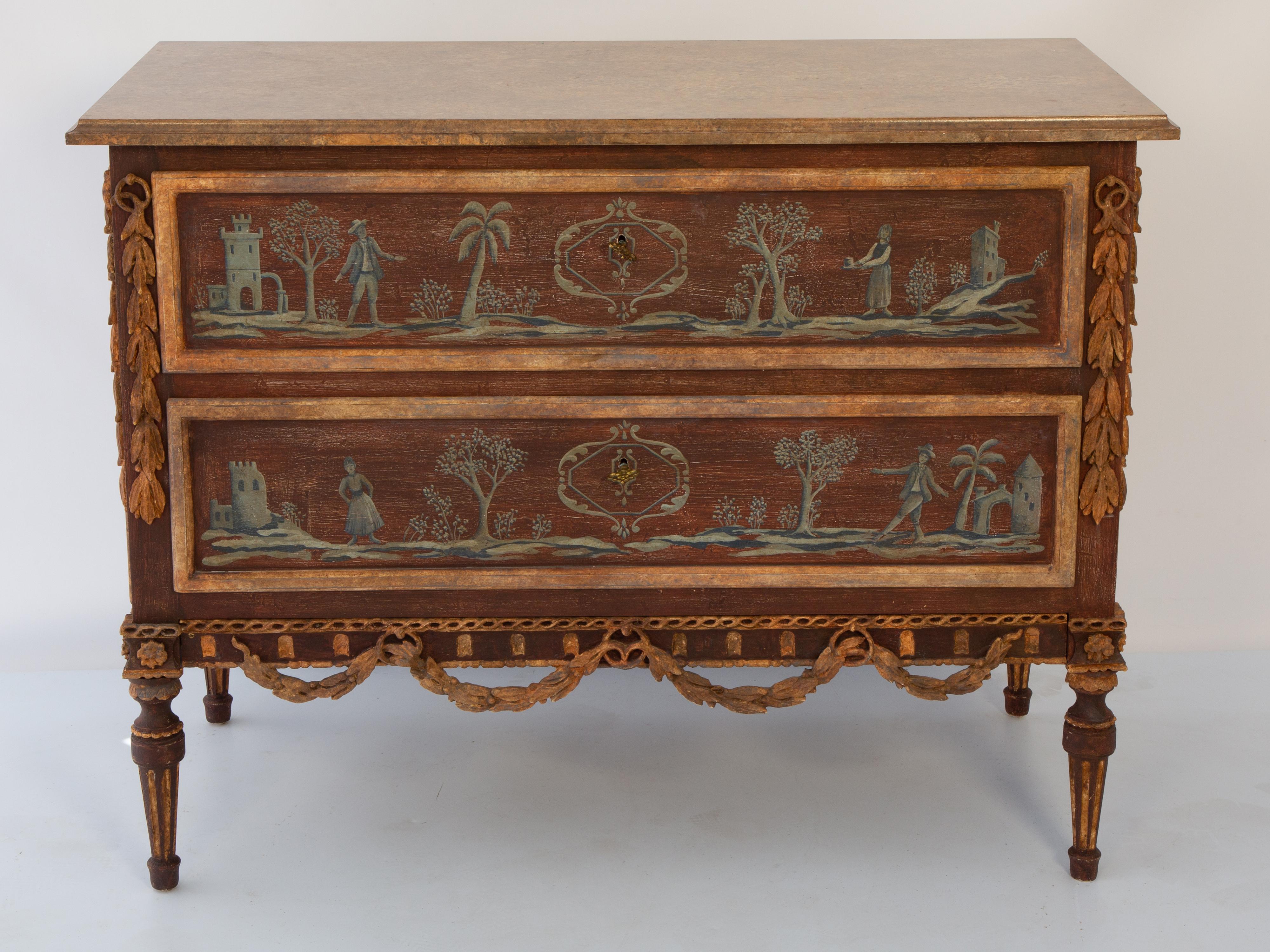 Sculpté à la main Commode Vintage avec scènes peintes à la main et festons de feuillage en vente