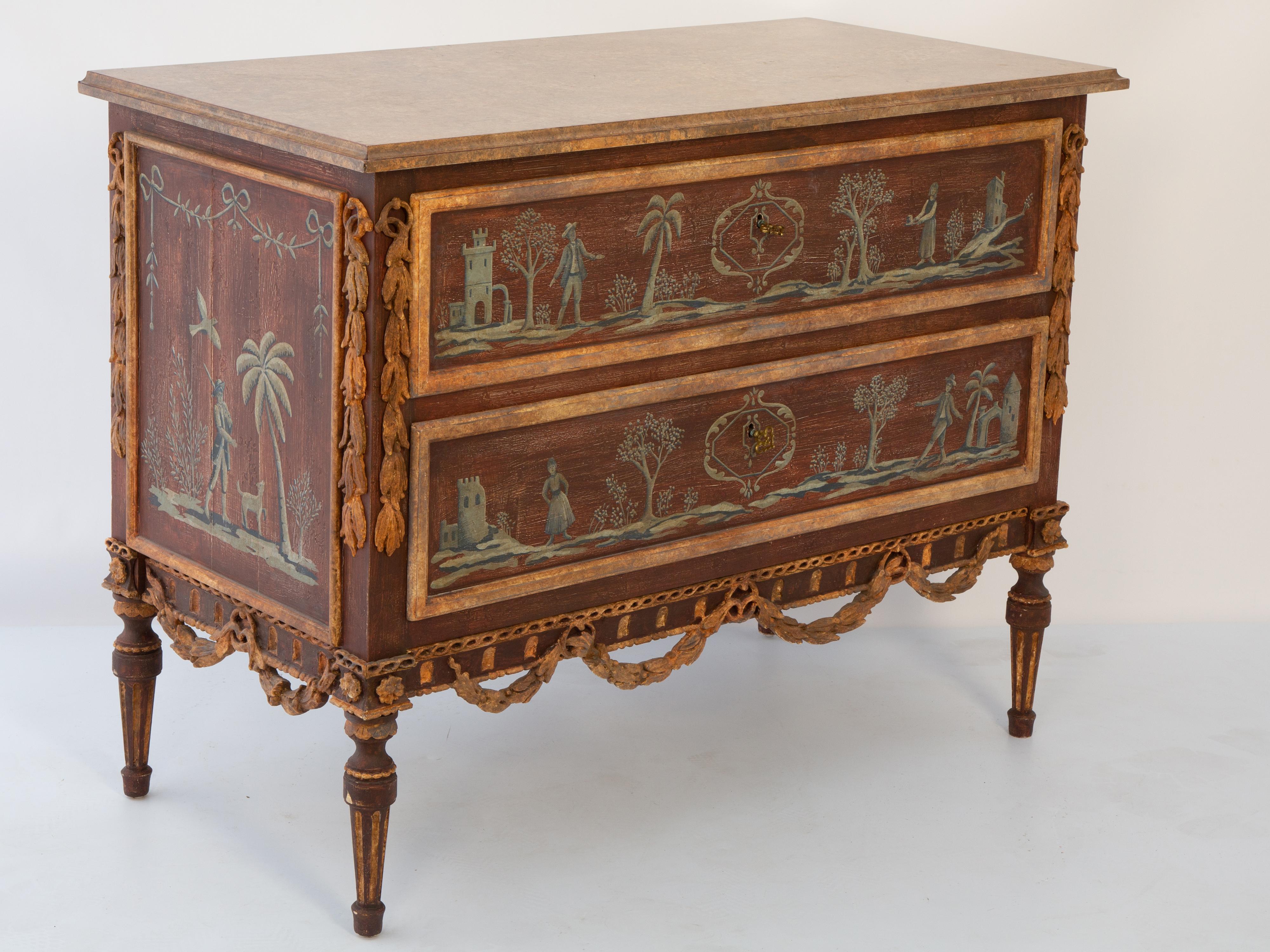 Bois Commode Vintage avec scènes peintes à la main et festons de feuillage en vente