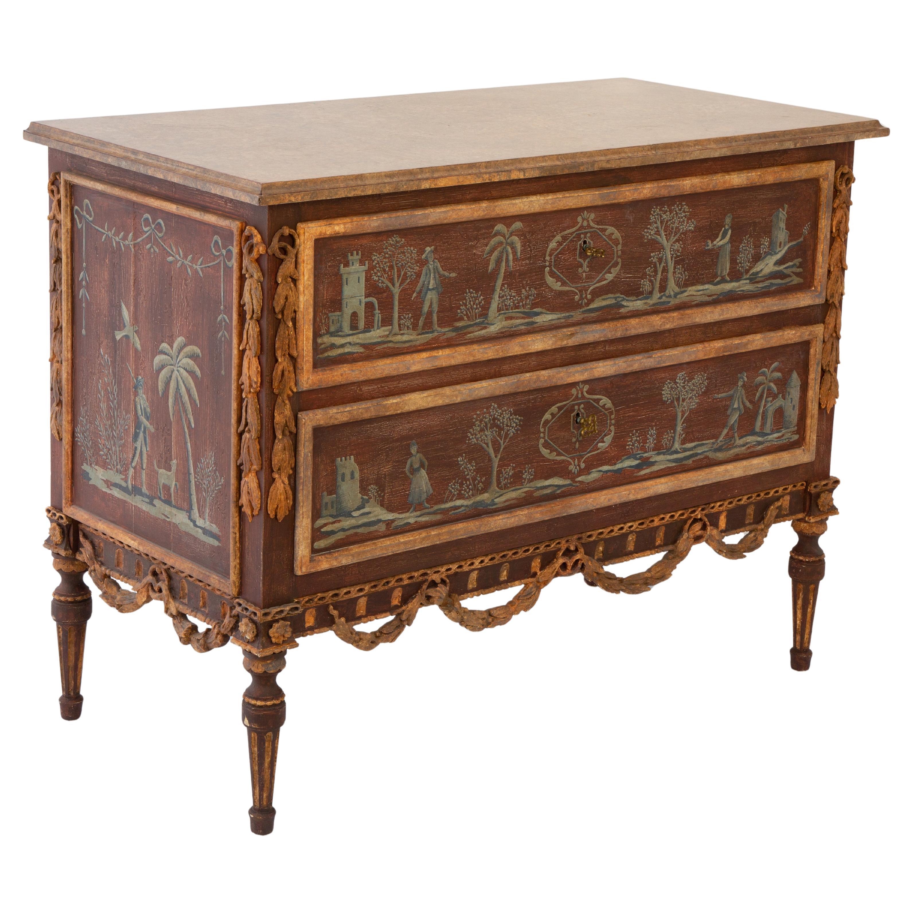 Vintage Commode with Hand Painted Scenes and Foliate Festooning