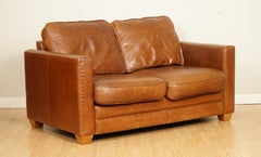 Vintage Compact Brown Leather Sofa Studded Arms Velcro Bottom Cushions