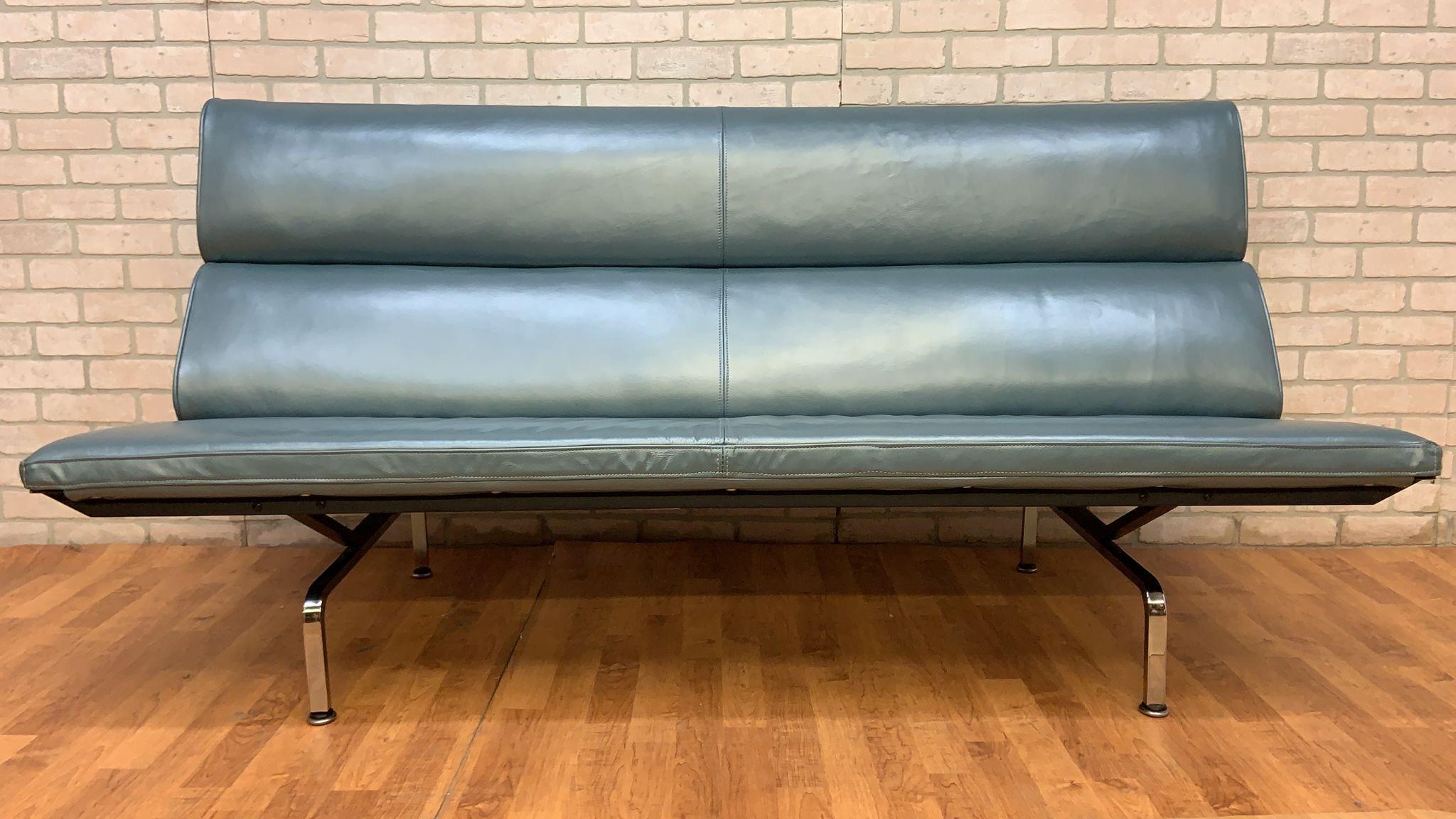 Vintage Compact Herman Miller Sofa Newly Upholstered in Metallic Teal Leather For Sale 1
