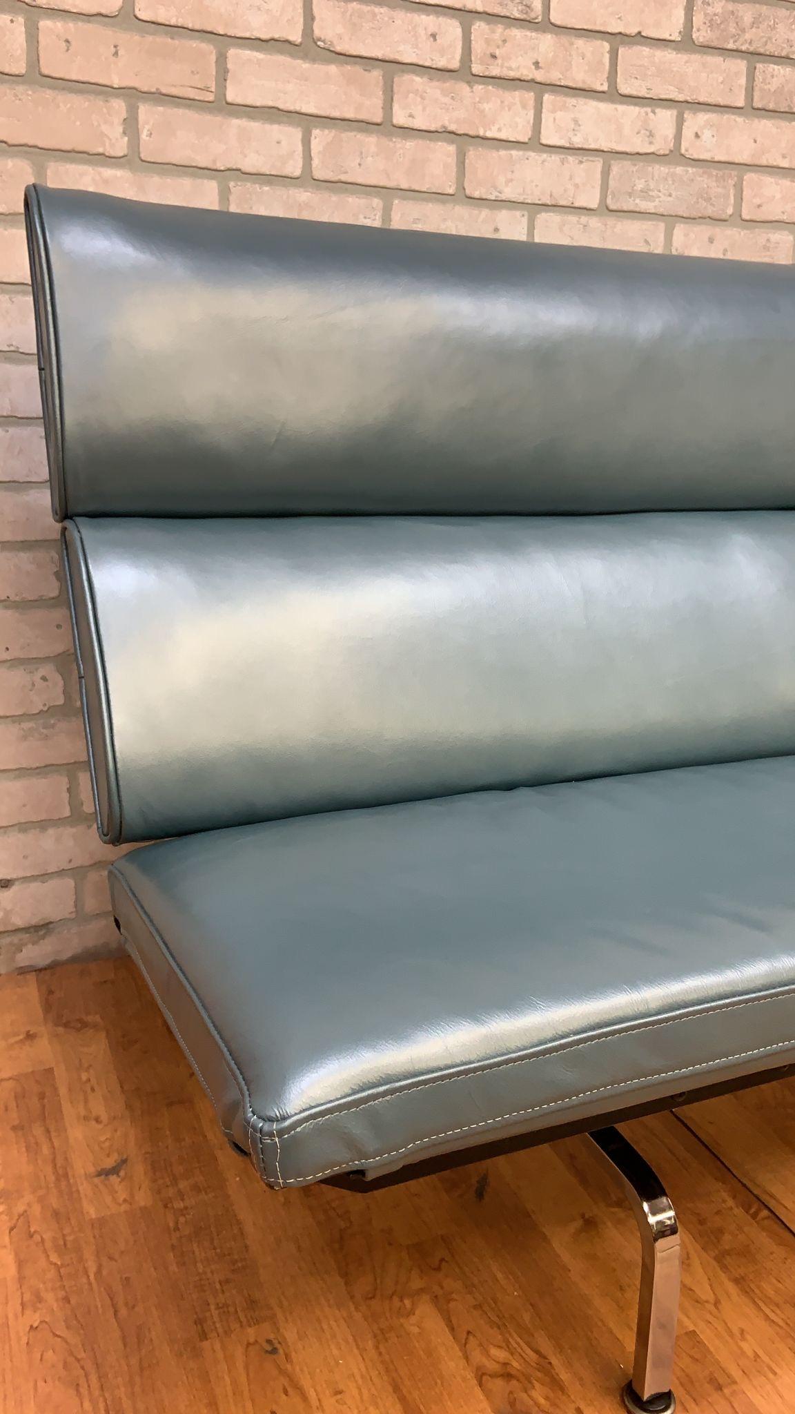 Vintage Compact Herman Miller Sofa Newly Upholstered in Metallic Teal Leather For Sale 2