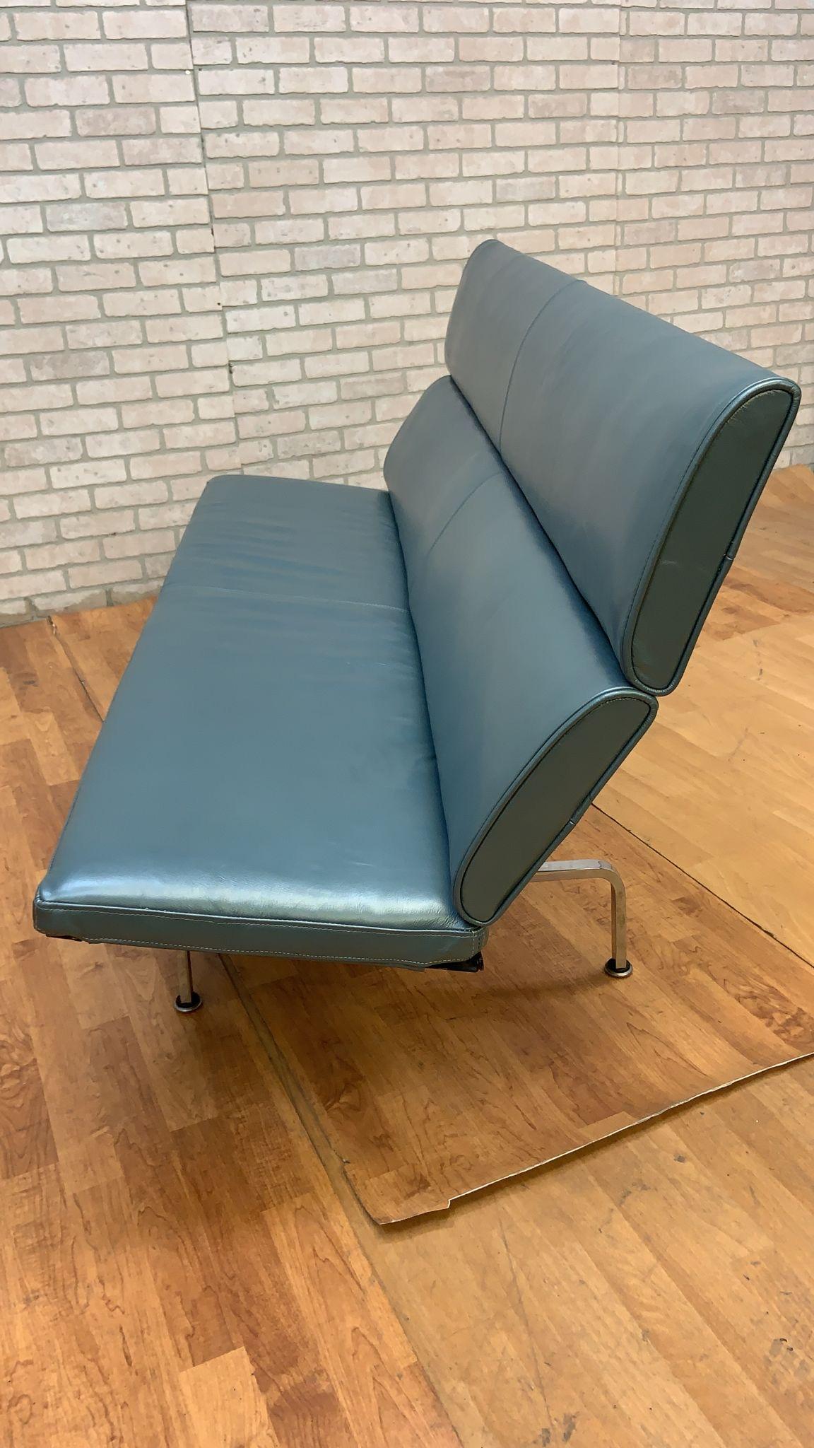 Vintage Compact Herman Miller Sofa Newly Upholstered in Metallic Teal Leather For Sale 5