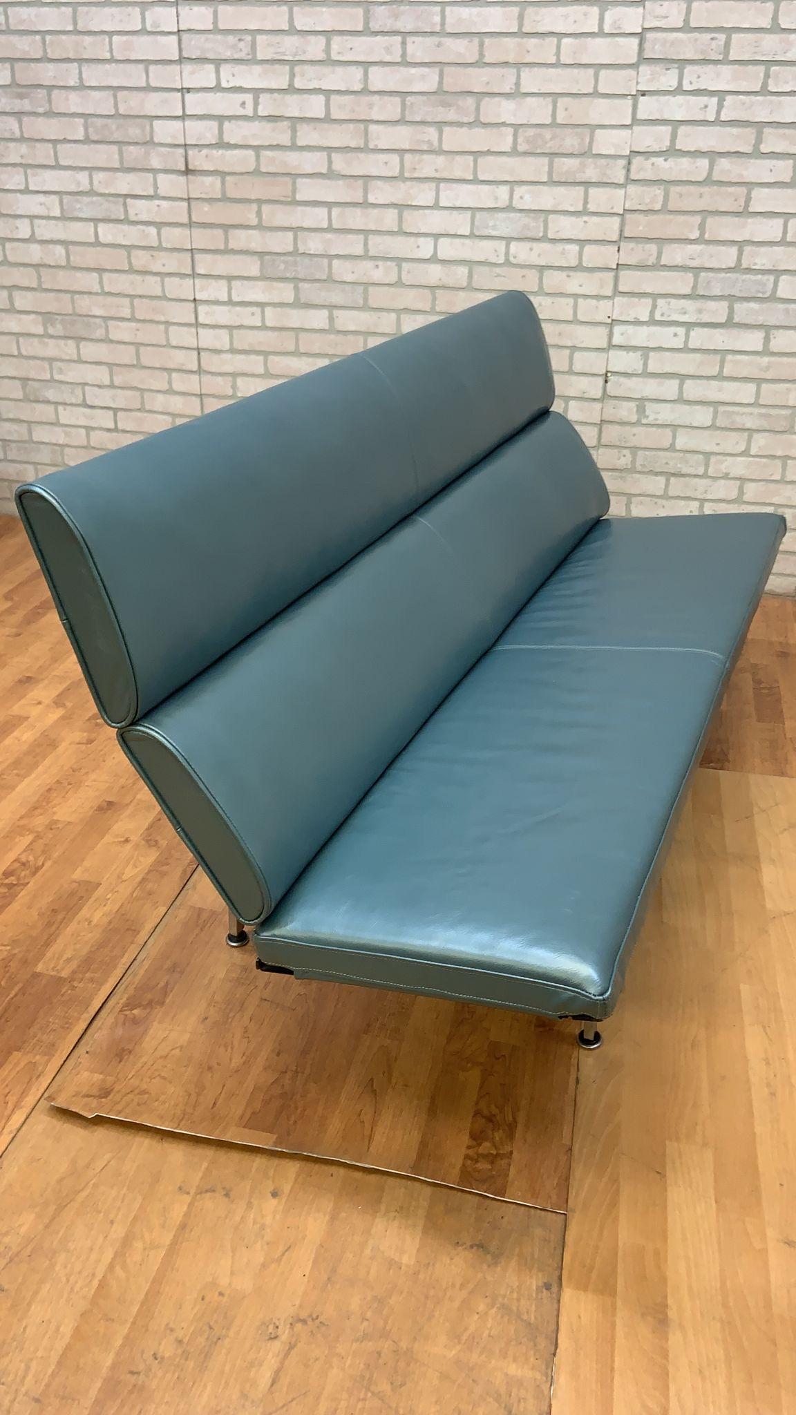 Vintage Compact Herman Miller Sofa Newly Upholstered in Metallic Teal Leather For Sale 6
