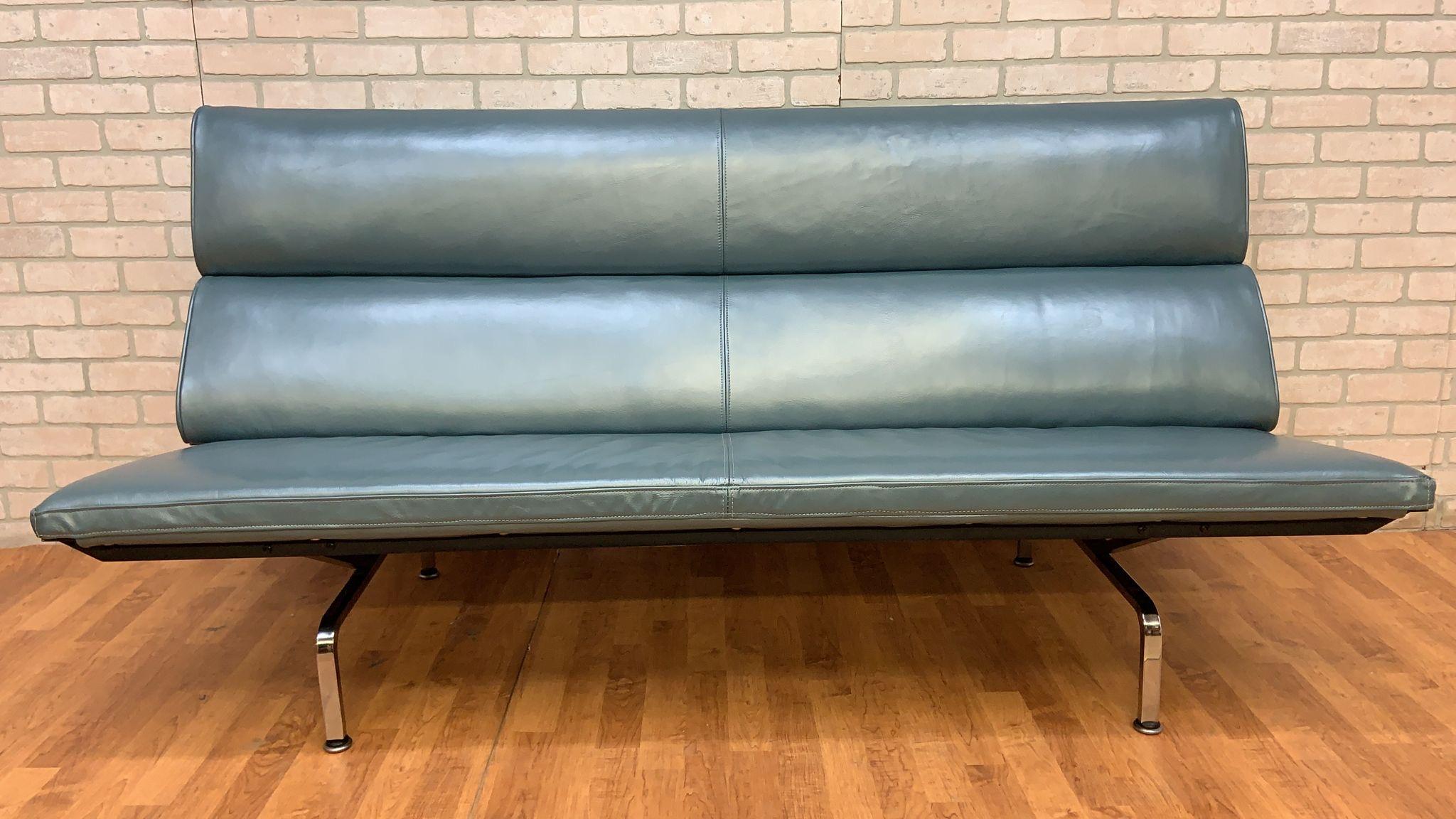 Mid-Century Modern Vintage Compact Herman Miller Sofa Newly Upholstered in Metallic Teal Leather For Sale