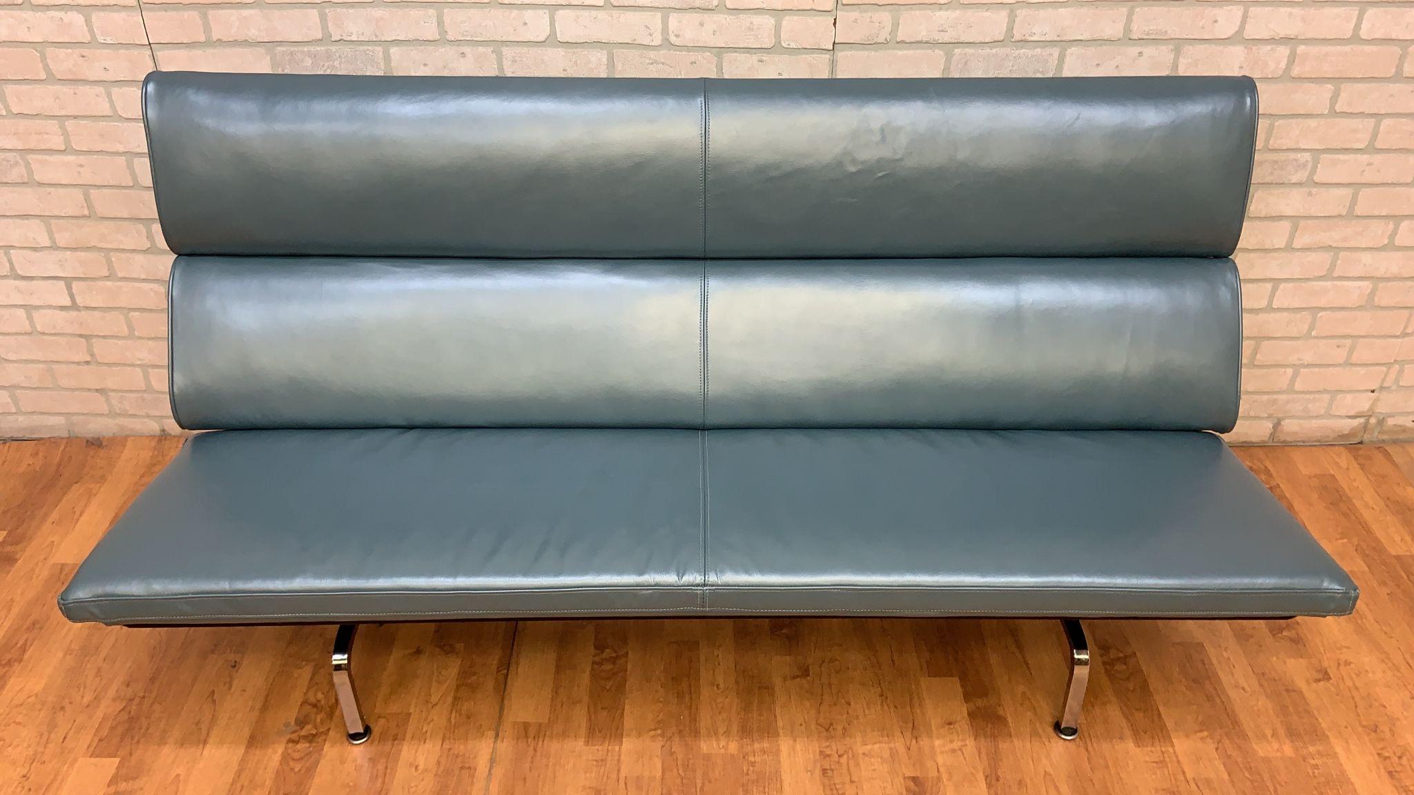 Vintage Compact Herman Miller Sofa Newly Upholstered in Metallic Teal Leather In Good Condition For Sale In Chicago, IL