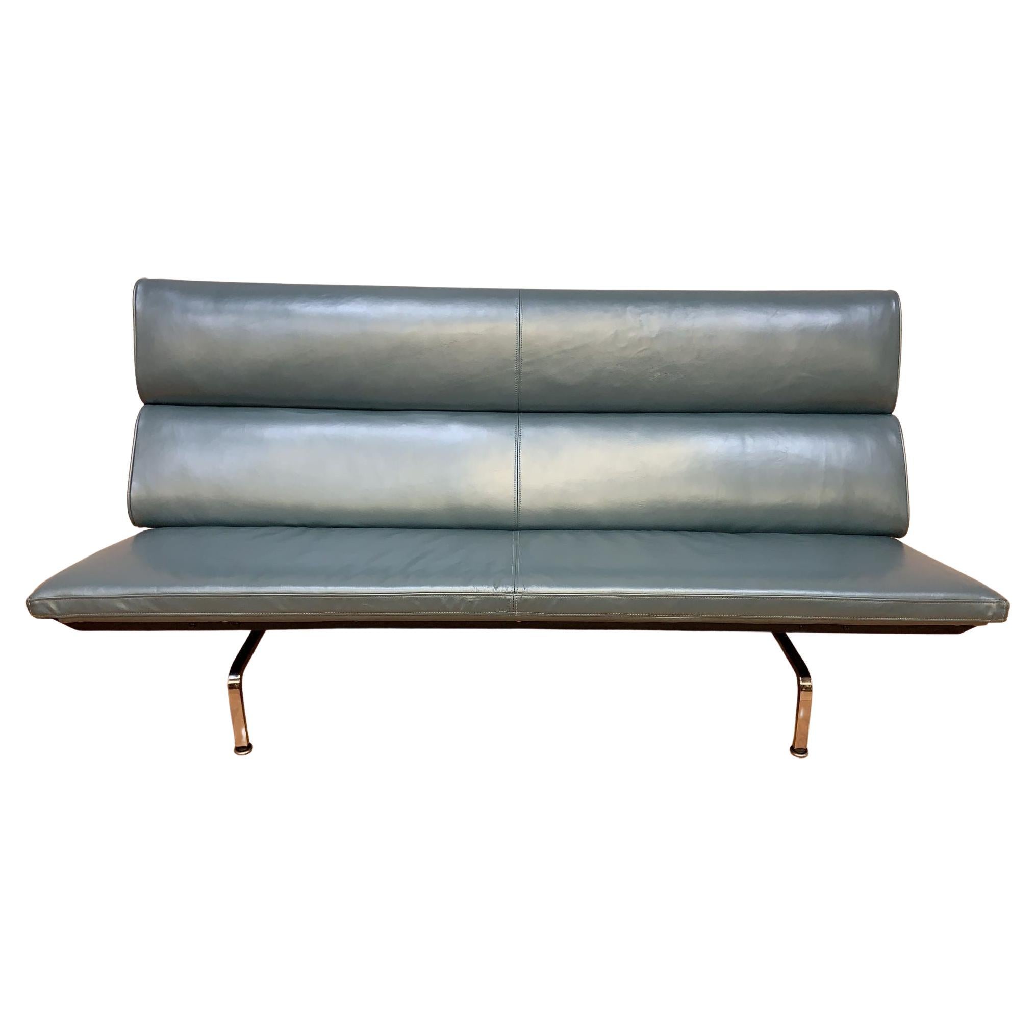 Vintage Compact Herman Miller Sofa Newly Upholstered in Metallic Teal Leather For Sale