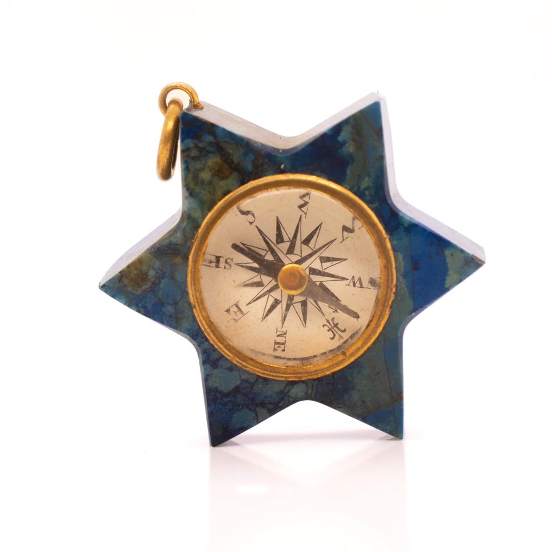 Retro Vintage Compass & Blue Hardstone Six-Sided Star Pendant or Charm for a Bracelet