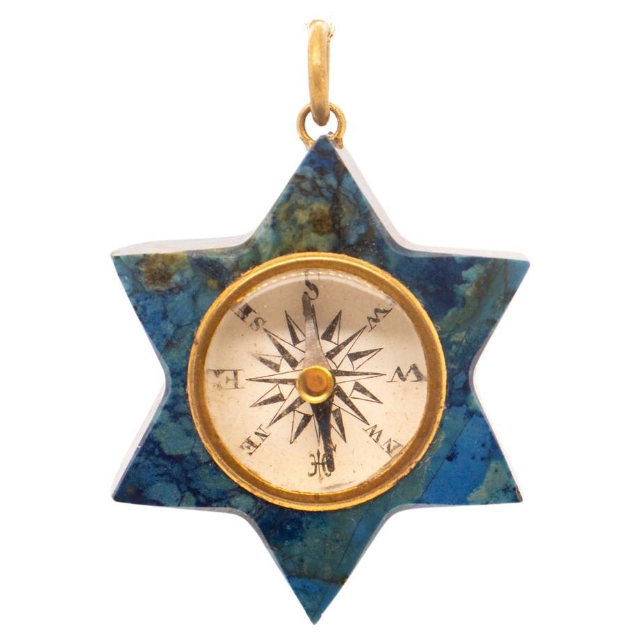 Vintage Compass & Blue Hardstone Six-Sided Star Pendant or Charm for a Bracelet