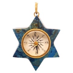 Antique Compass & Blue Hardstone Six-Sided Star Pendant or Charm for a Bracelet