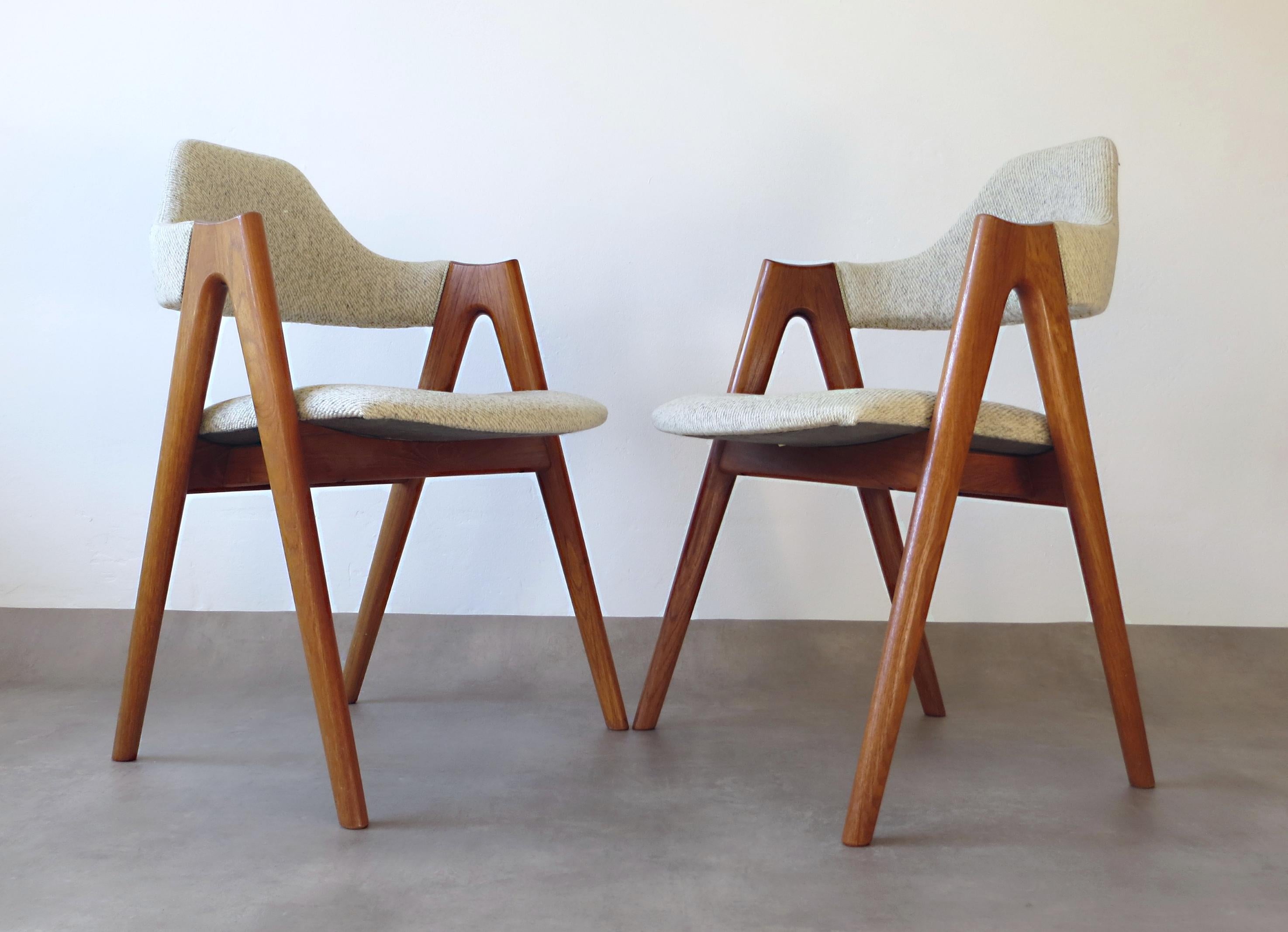Scandinavian Modern Vintage Compass Chairs by Kai Kristiansen in Solid Teak and Wool, Denmark, 1950s For Sale
