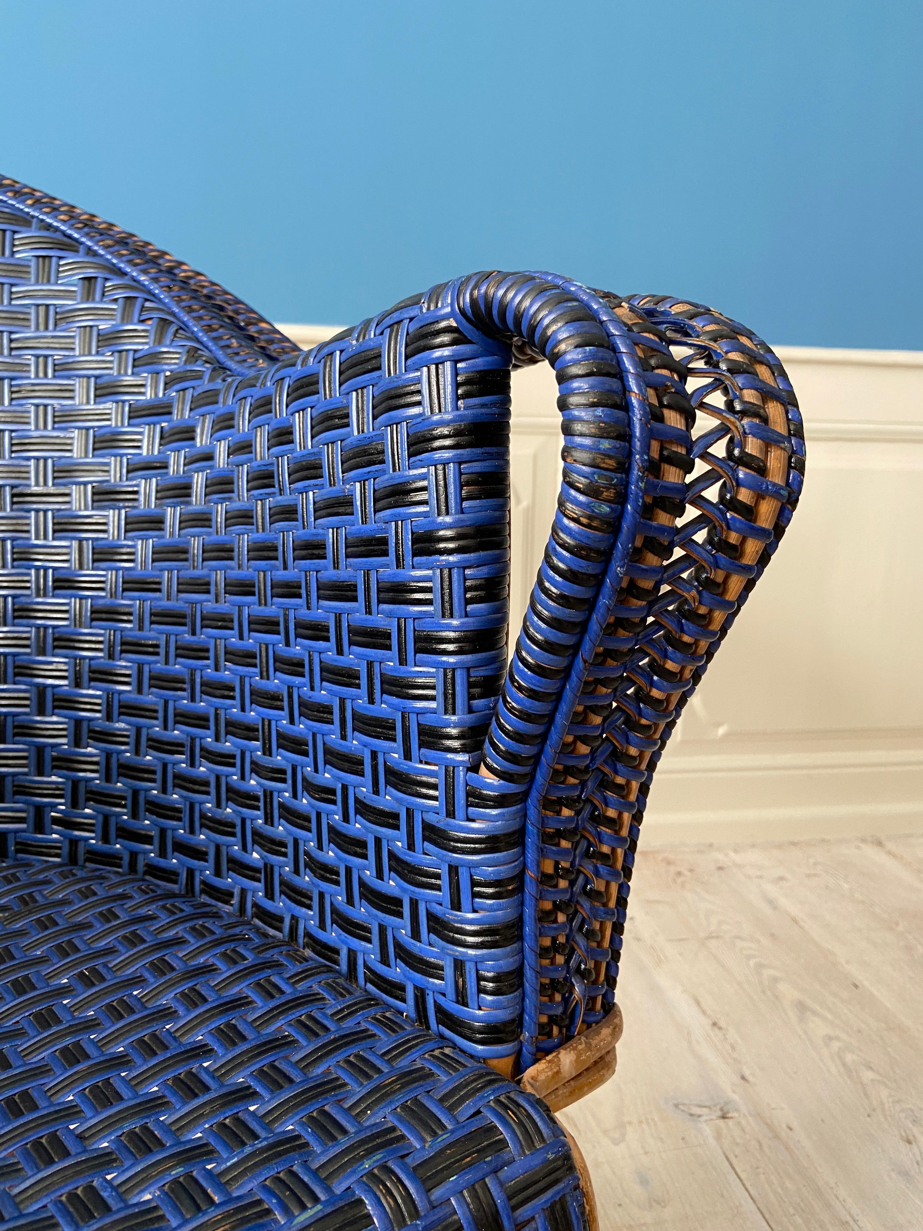 Ensemble complet de meubles en rotin vintage noir et bleu, France, 20e siècle en vente 9