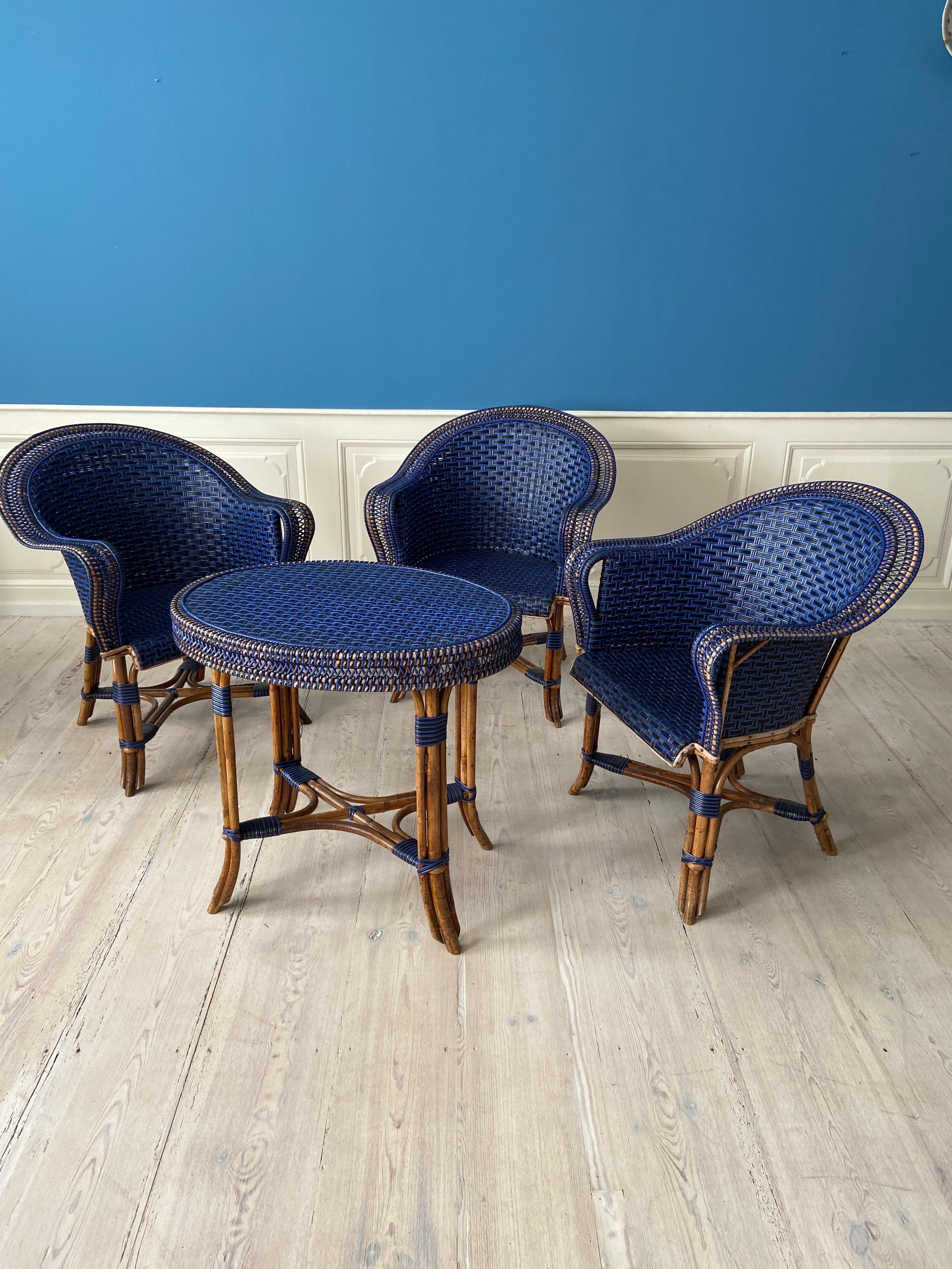 French Vintage Complete Rattan Furniture Set in Black and Blue, France, 20th Century