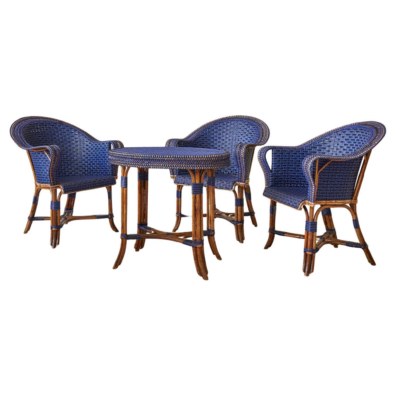 Vintage Complete Rattan Furniture Set in Black and Blue, France, 20th Century For Sale