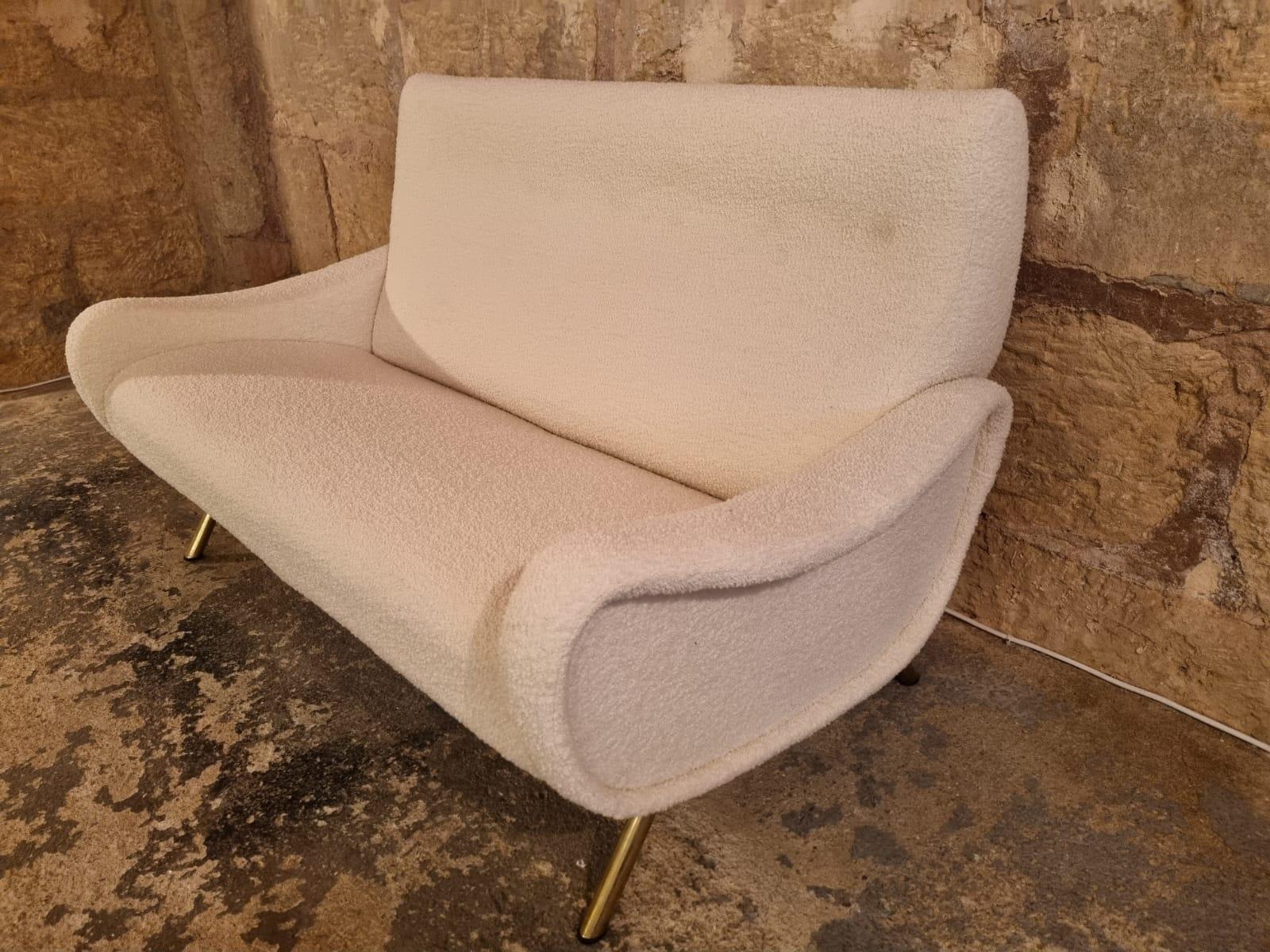 Lady Sofa or Love seat by designer Marco Zanusso from the 1950s for Arflex.
Completely restored to the highest quality with a beautiful cream-colored looped (Bouclé) fabric by French Bisson Bruneel, ALSO two Lady Chairs available for sale in a