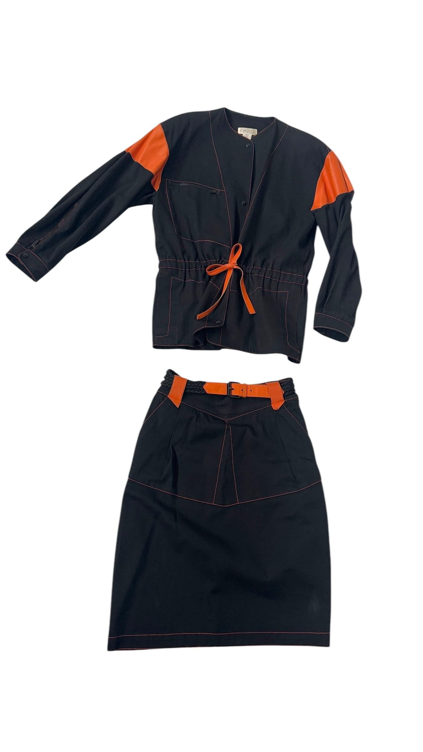 Vintage Complice by Genny Two-Piece Black and Orange Cotton & Leather Set In condizioni buone in vendita a Milano, IT