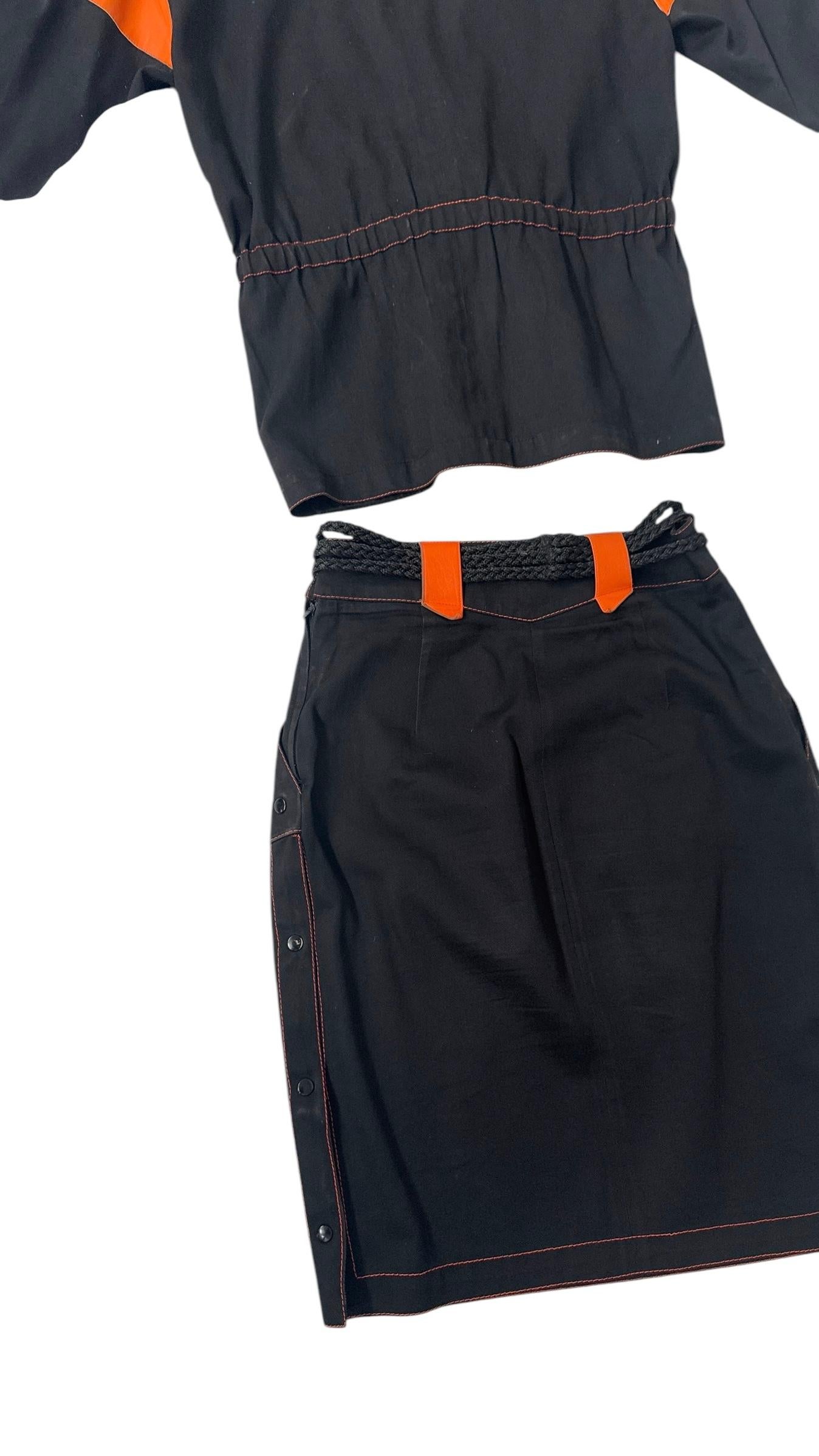 Vintage Complice by Genny Two-Piece Black and Orange Cotton & Leather Set in vendita 3