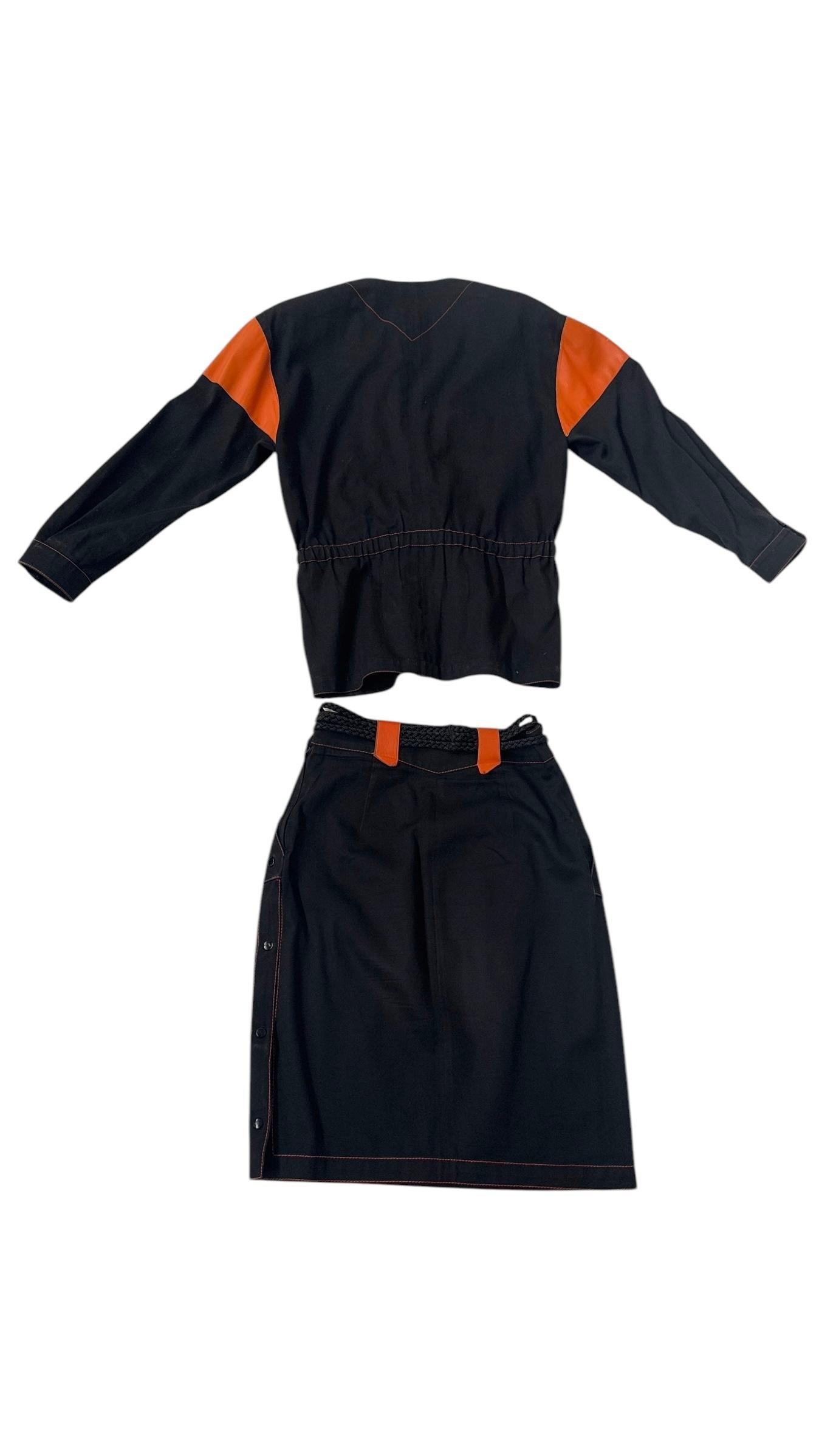 Vintage Complice by Genny Two-Piece Black and Orange Cotton & Leather Set in vendita 4