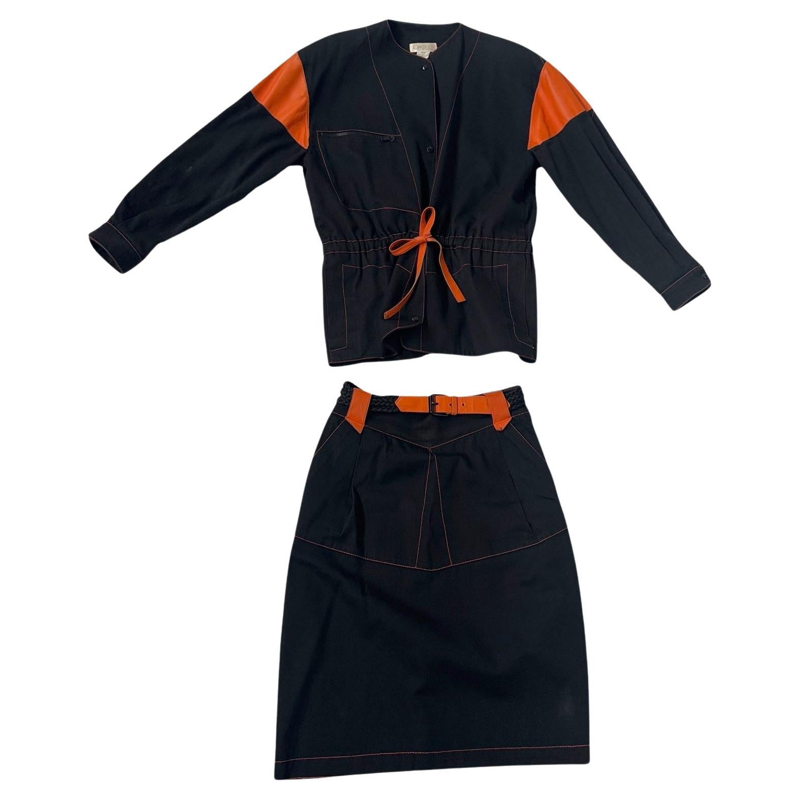 Vintage Complice by Genny Two-Piece Black and Orange Cotton & Leather Set in vendita