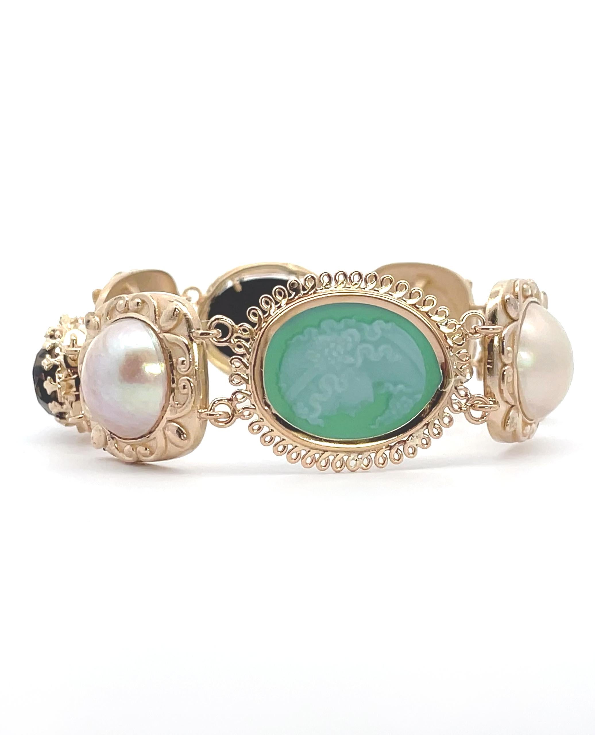 Art Nouveau Vintage Components -14K Yellow Gold Mobe Pearl, Cameo and Smokey Topaz Bracelet For Sale
