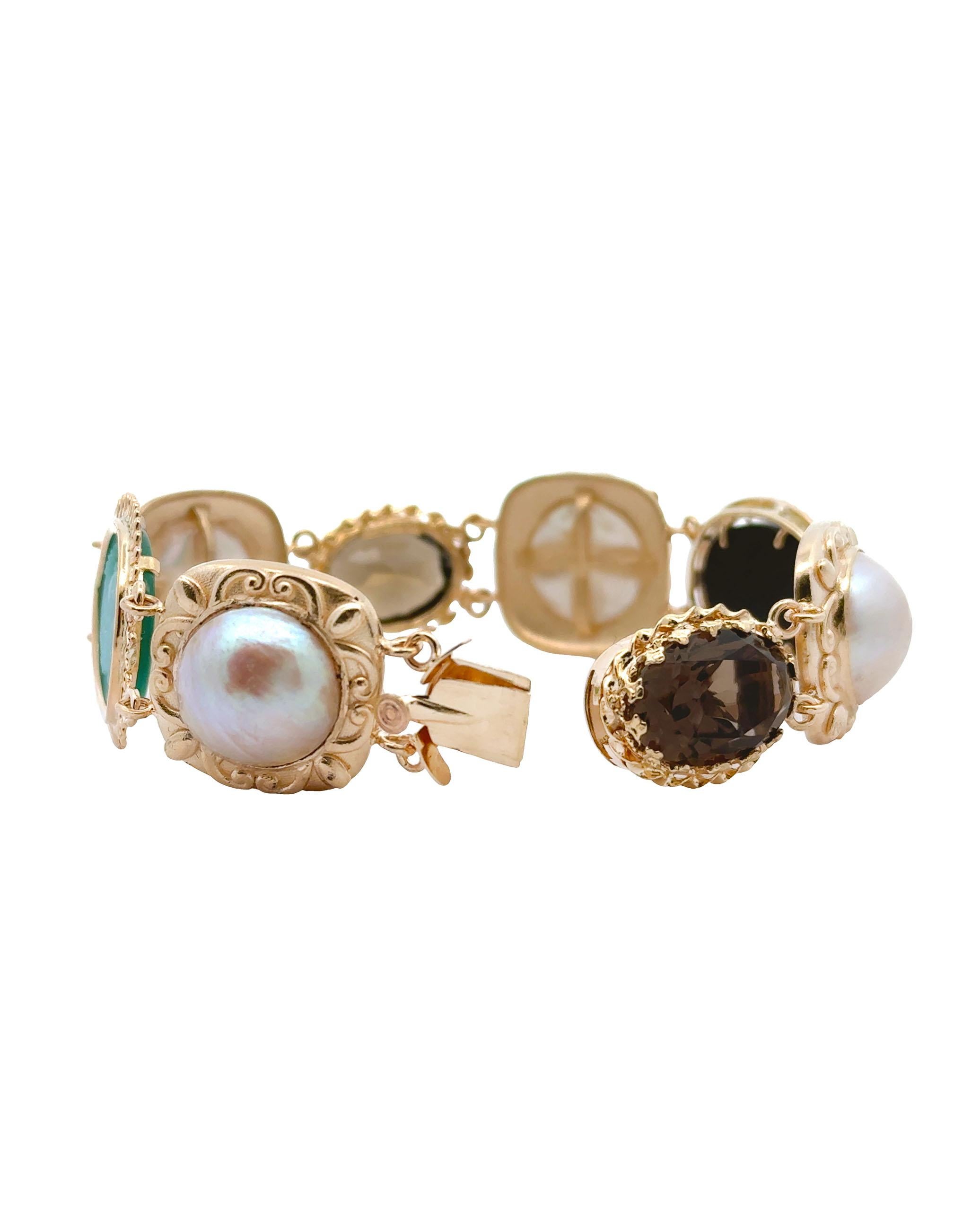 Mixed Cut Vintage Components -14K Yellow Gold Mobe Pearl, Cameo and Smokey Topaz Bracelet For Sale