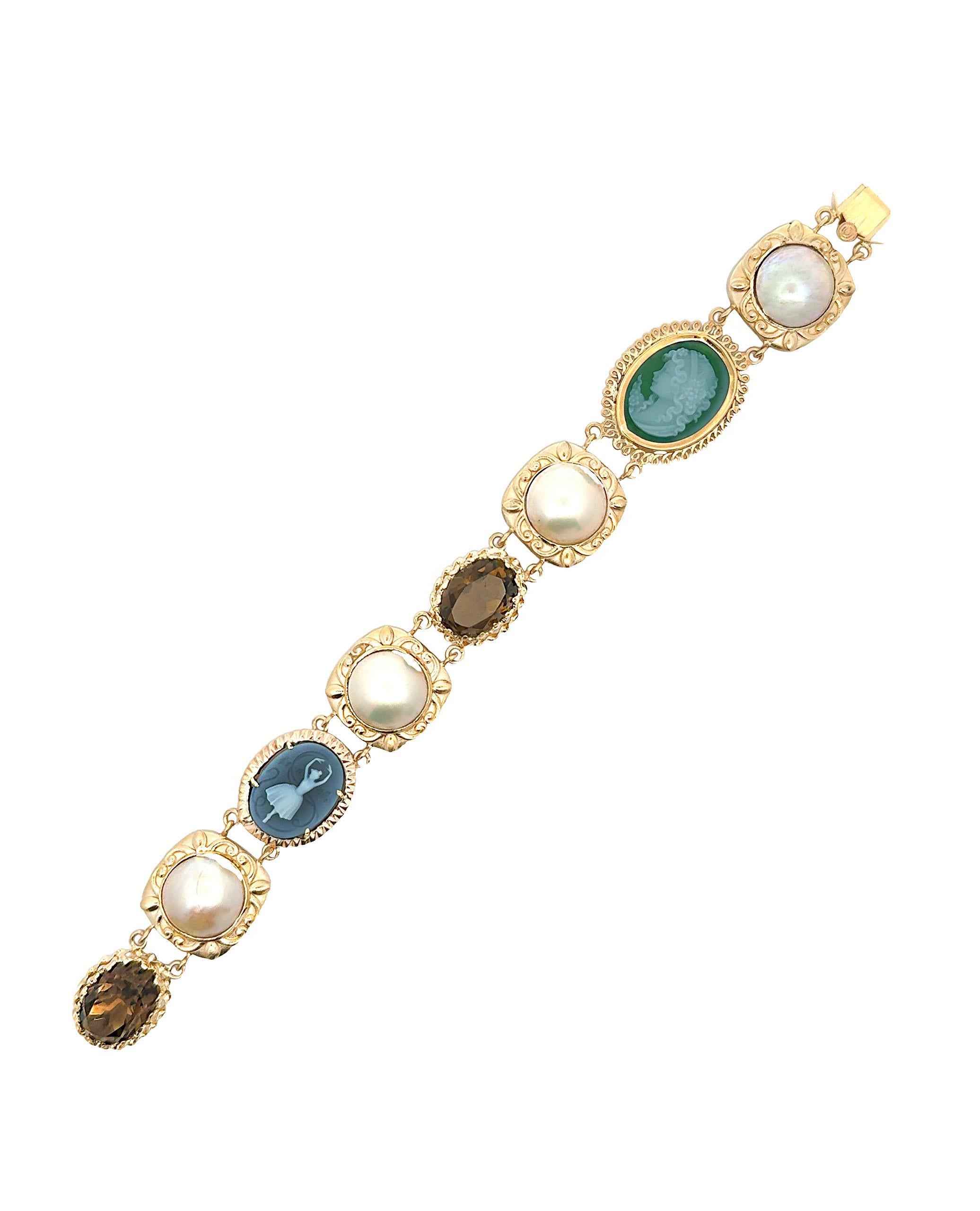 Vintage Components -14K Gelbgold Mobe Perle, Kamee und Rauchtopas-Armband Damen im Angebot
