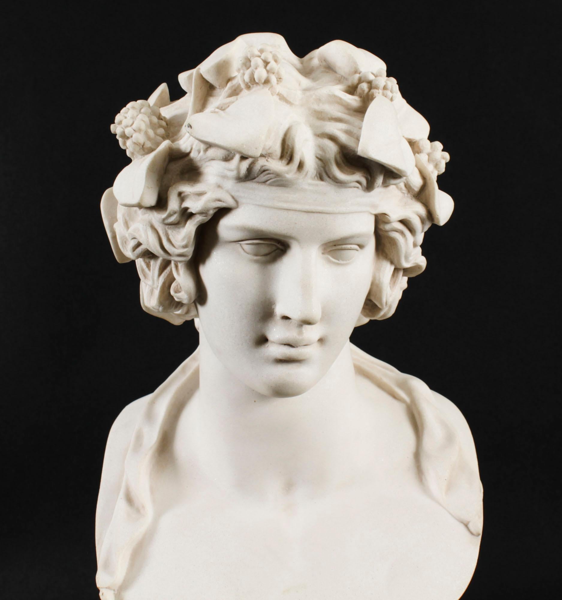 A beautiful vintage composite marble bust of the Roman God Bacchus,  dating from the last quarter of the 20th century.

After the full size Roman marble copy the attention to detail throughout the piece is second to none and the figure is extremely