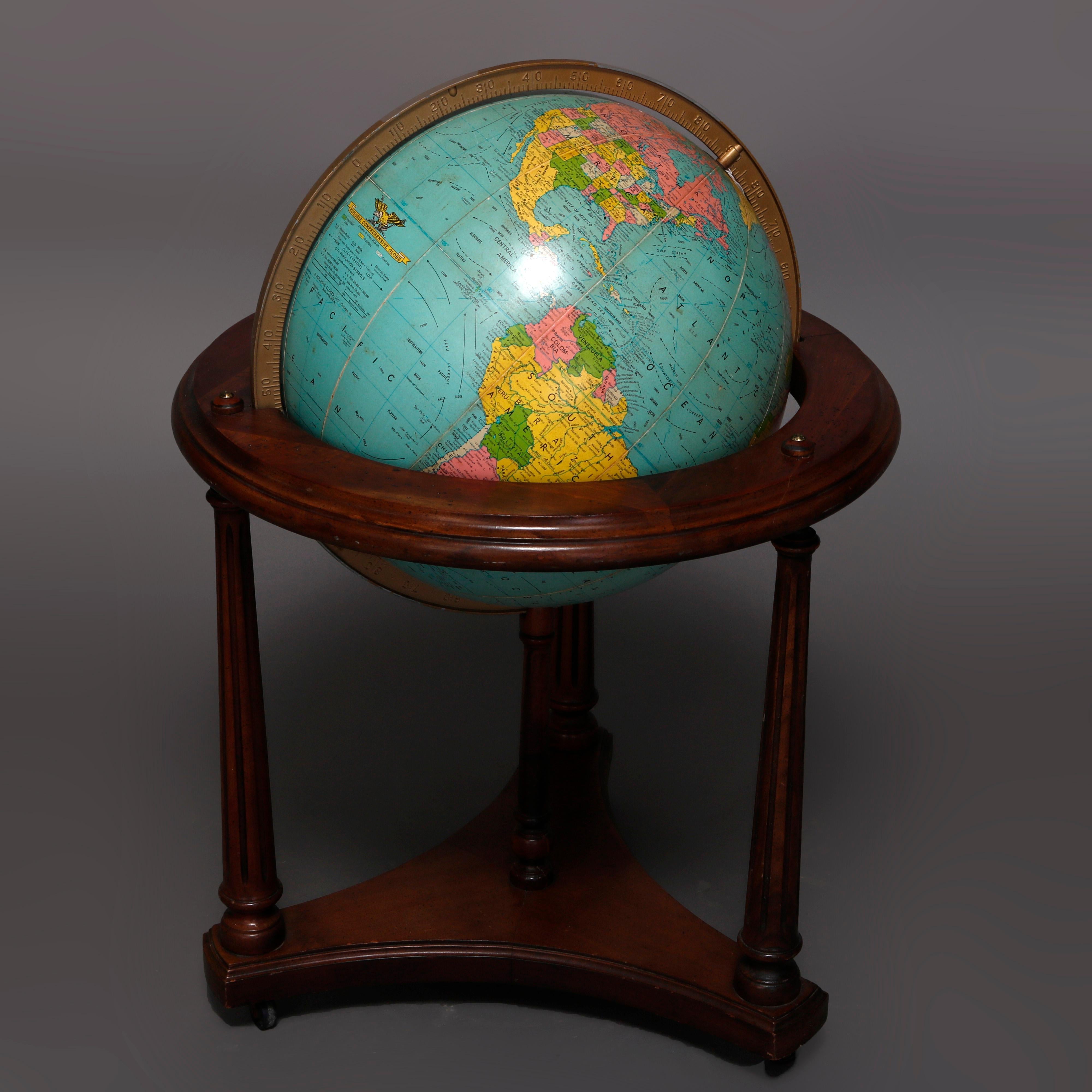 American Vintage Comprehensive World Globe on Mahogany Floor Stand by Replogle