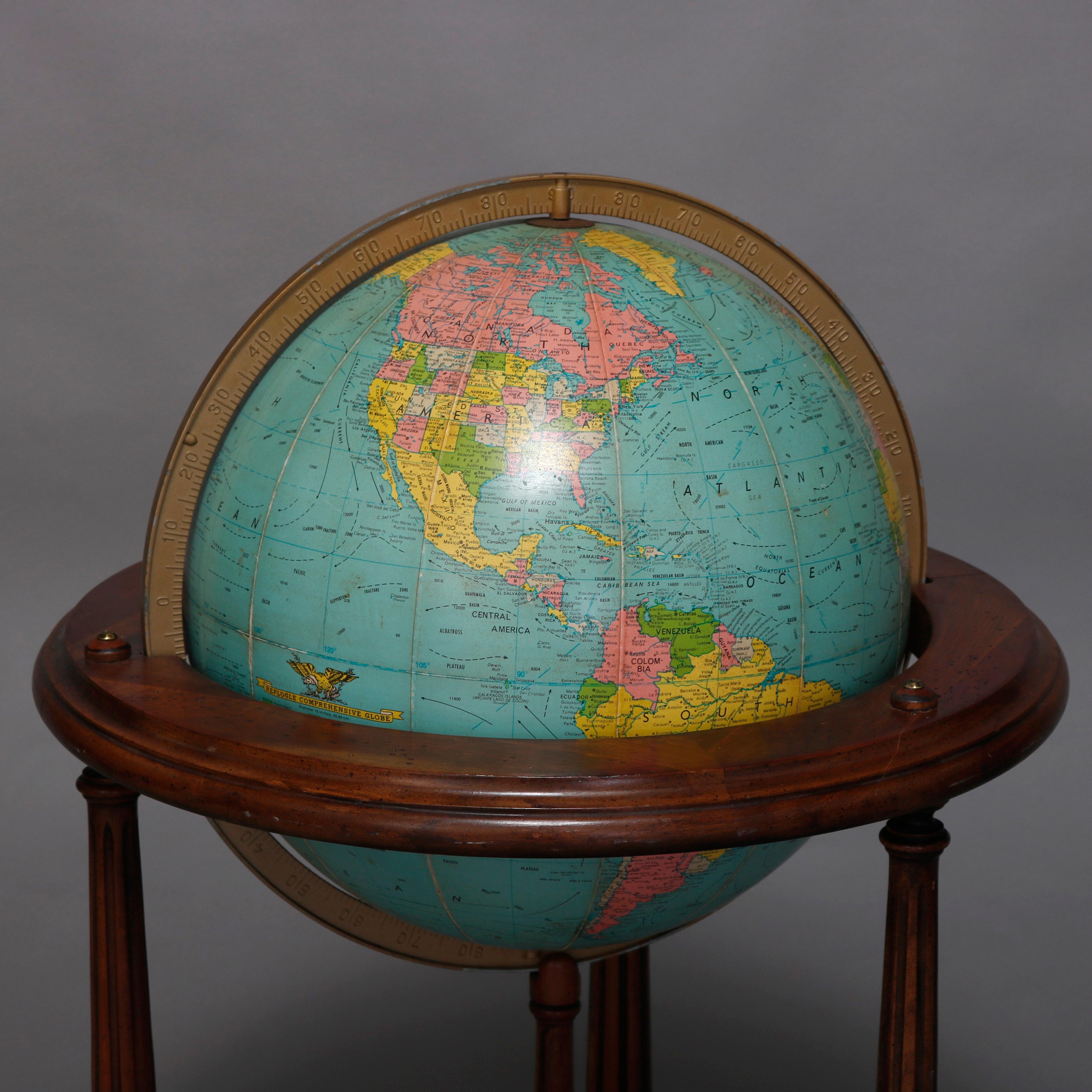 Vintage Comprehensive World Globe on Mahogany Floor Stand by Replogle In Good Condition In Big Flats, NY