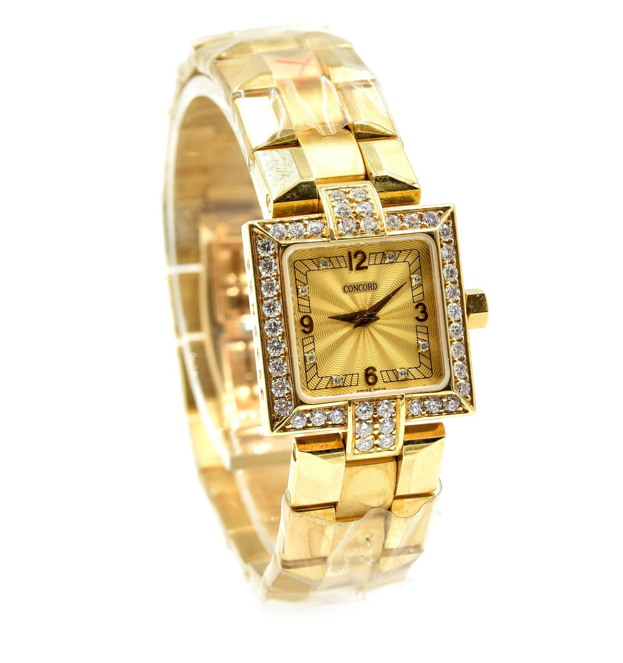 Movement: quartz
Function: hours, minutes
Case: square 20mm x 20mm 18k yellow gold case, diamond case, plastic protective crystal, water resistant to 30 meters
Diamonds: 42 round brilliant cuts = 1.44 carat total weight
Band: 18k yellow gold