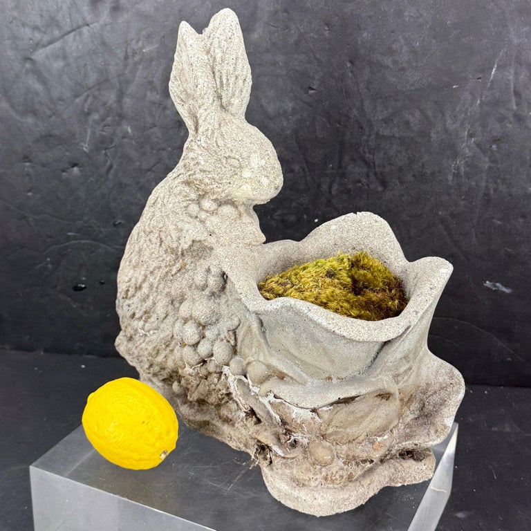 Vintage Concrete Bunny Rabbit Planter with Basket Garden Ornament For Sale  at 1stDibs