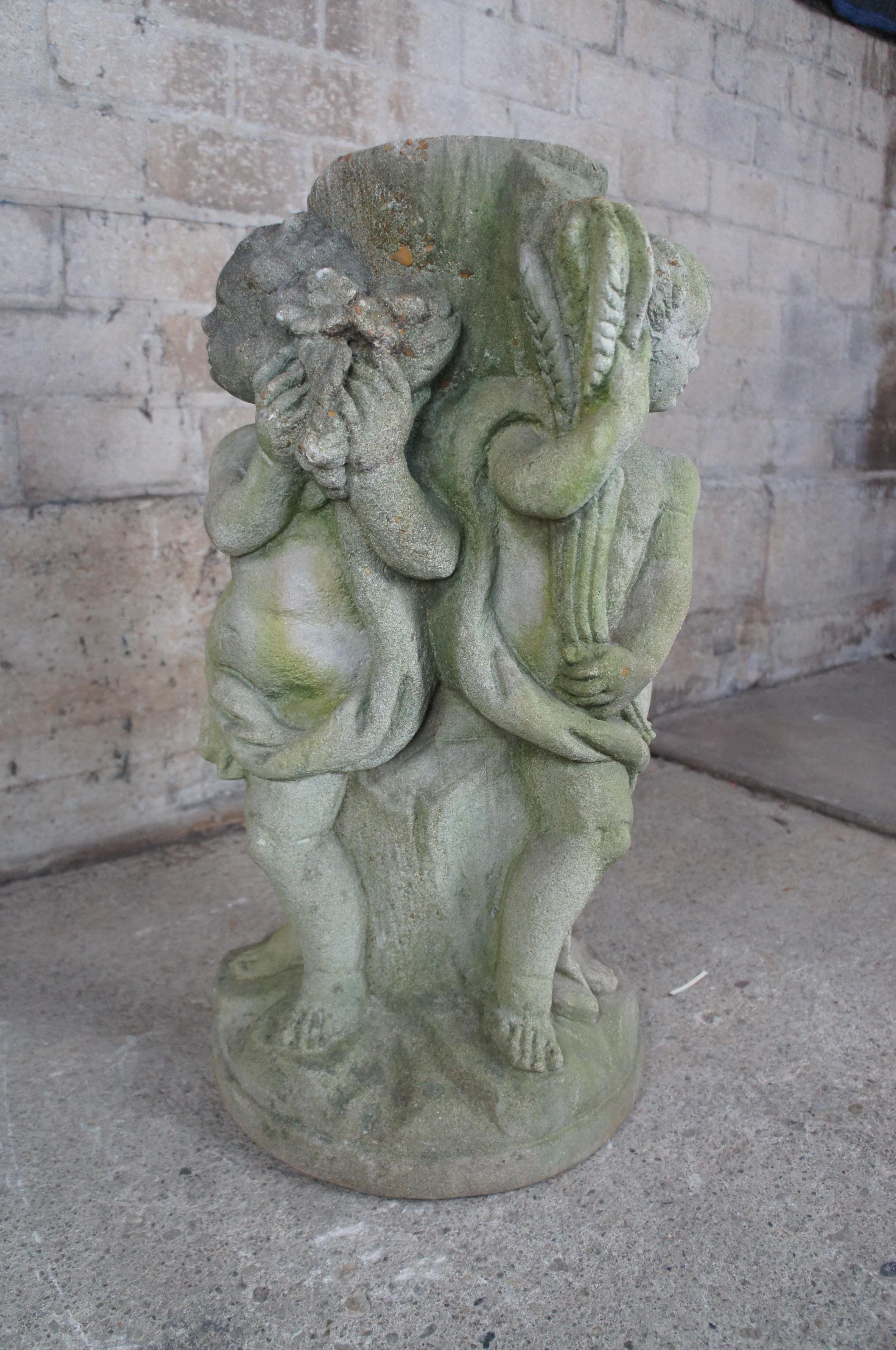 Vintage Concrete French Neoclassical Cherub Putti Garden Fountain Pedestal Base 7
