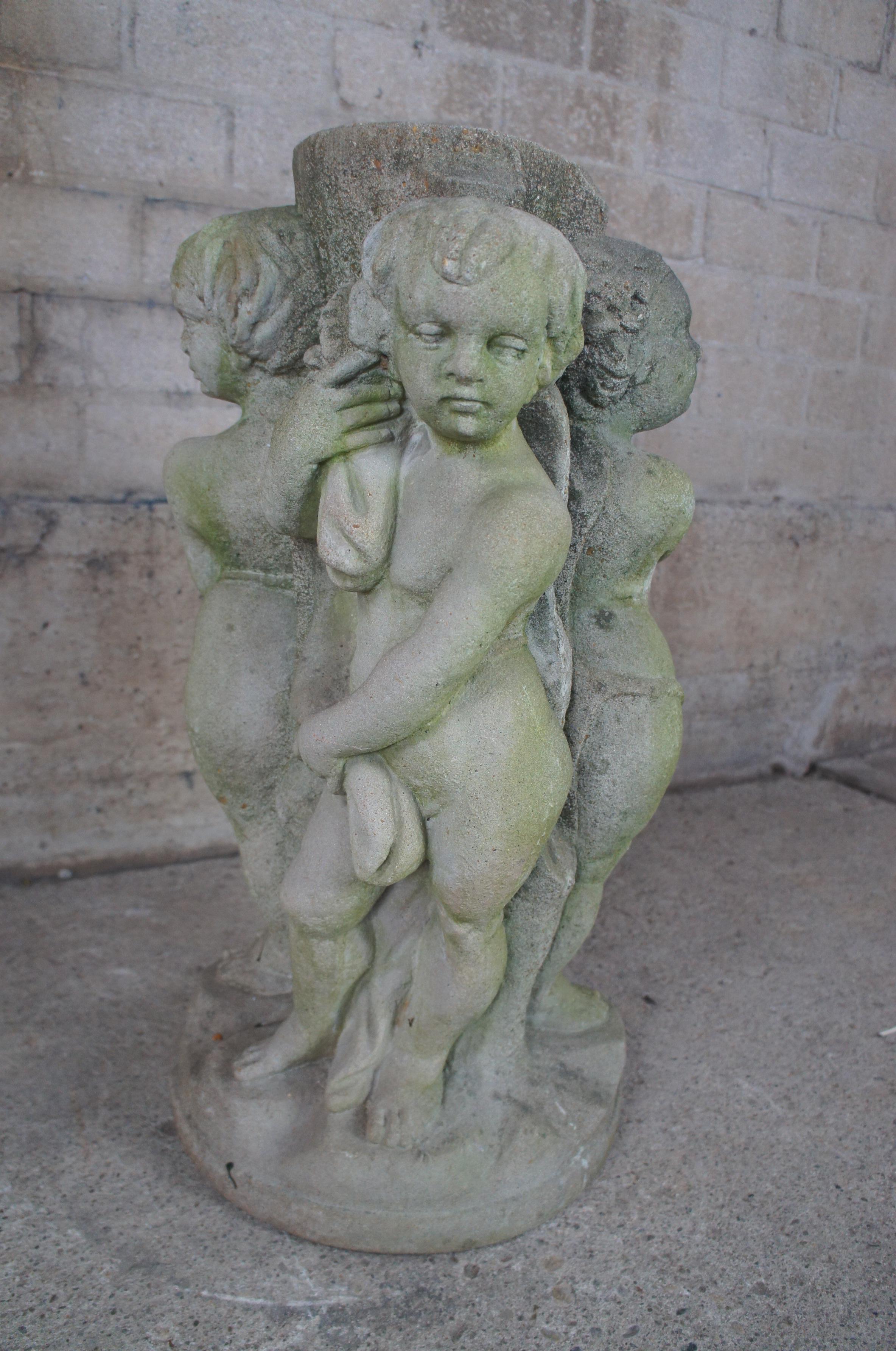 Vintage Concrete French Neoclassical Cherub Putti Garden Fountain Pedestal Base For Sale 3
