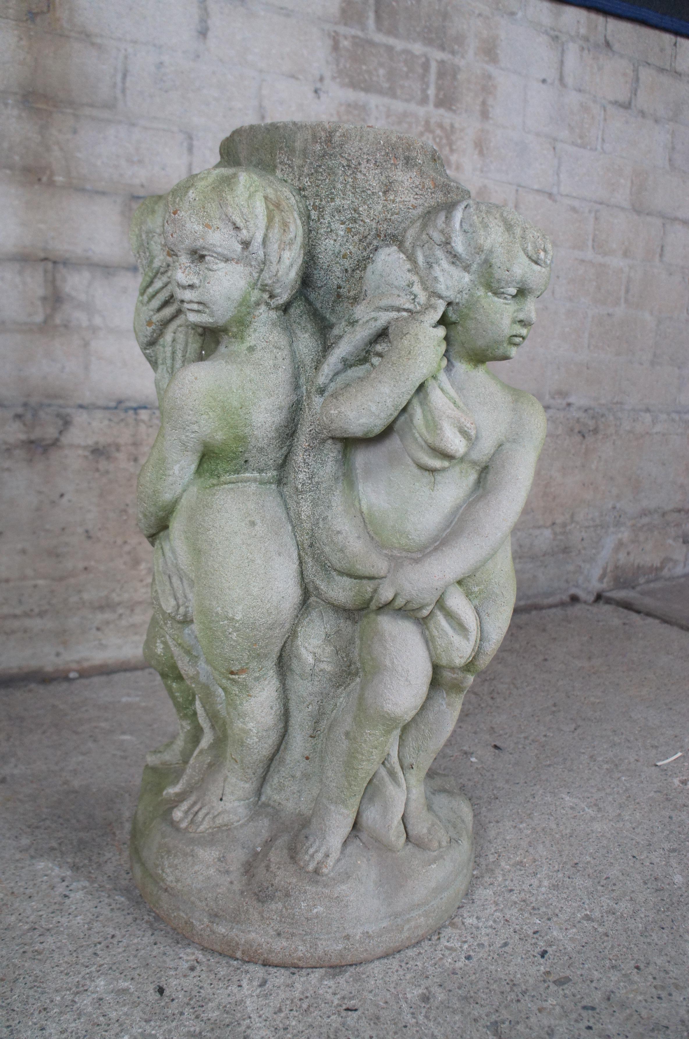 Vintage Concrete French Neoclassical Cherub Putti Garden Fountain Pedestal Base For Sale 4