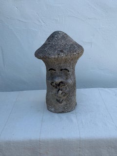 Vintage Concrete Mushroom Face Garden Statue with Rustic Weathered Patina