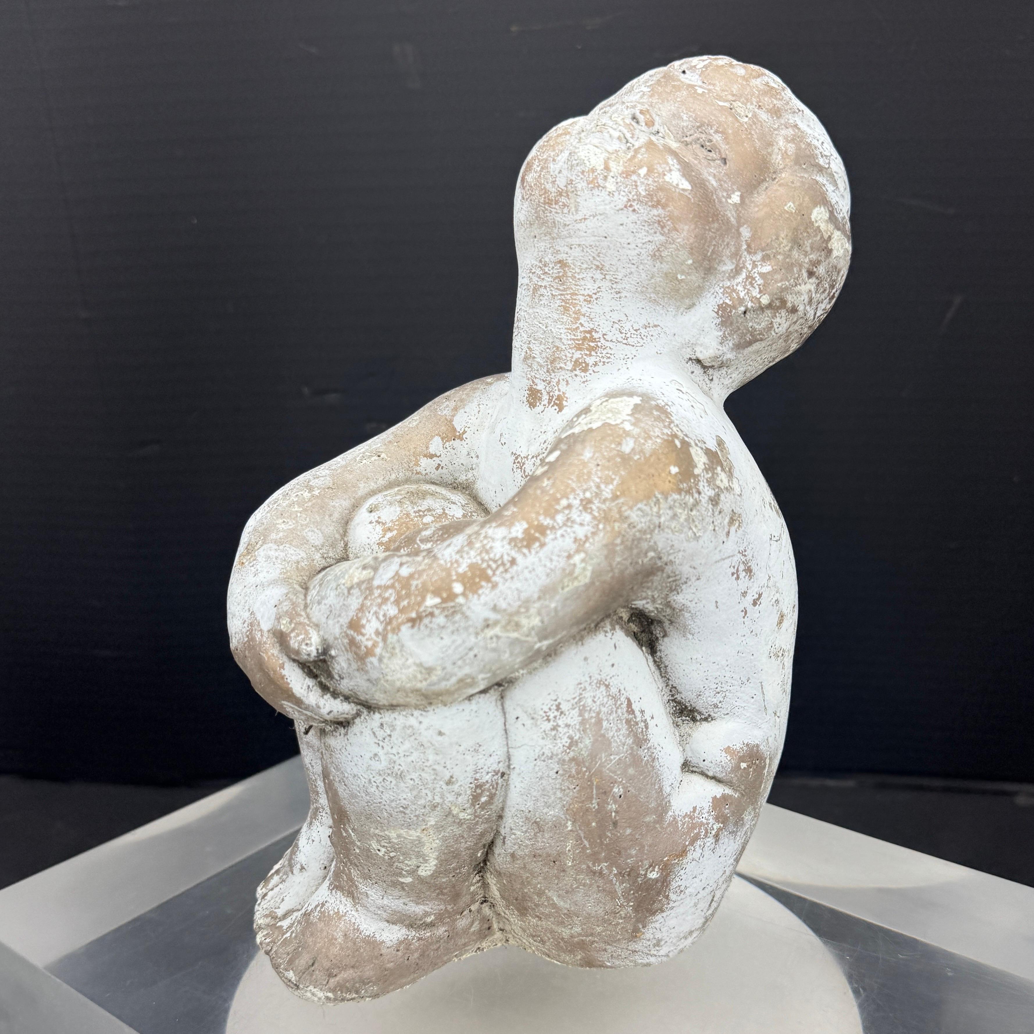 Vintage Concrete Statue of Girl Holding Knees Garden Ornament For Sale 3