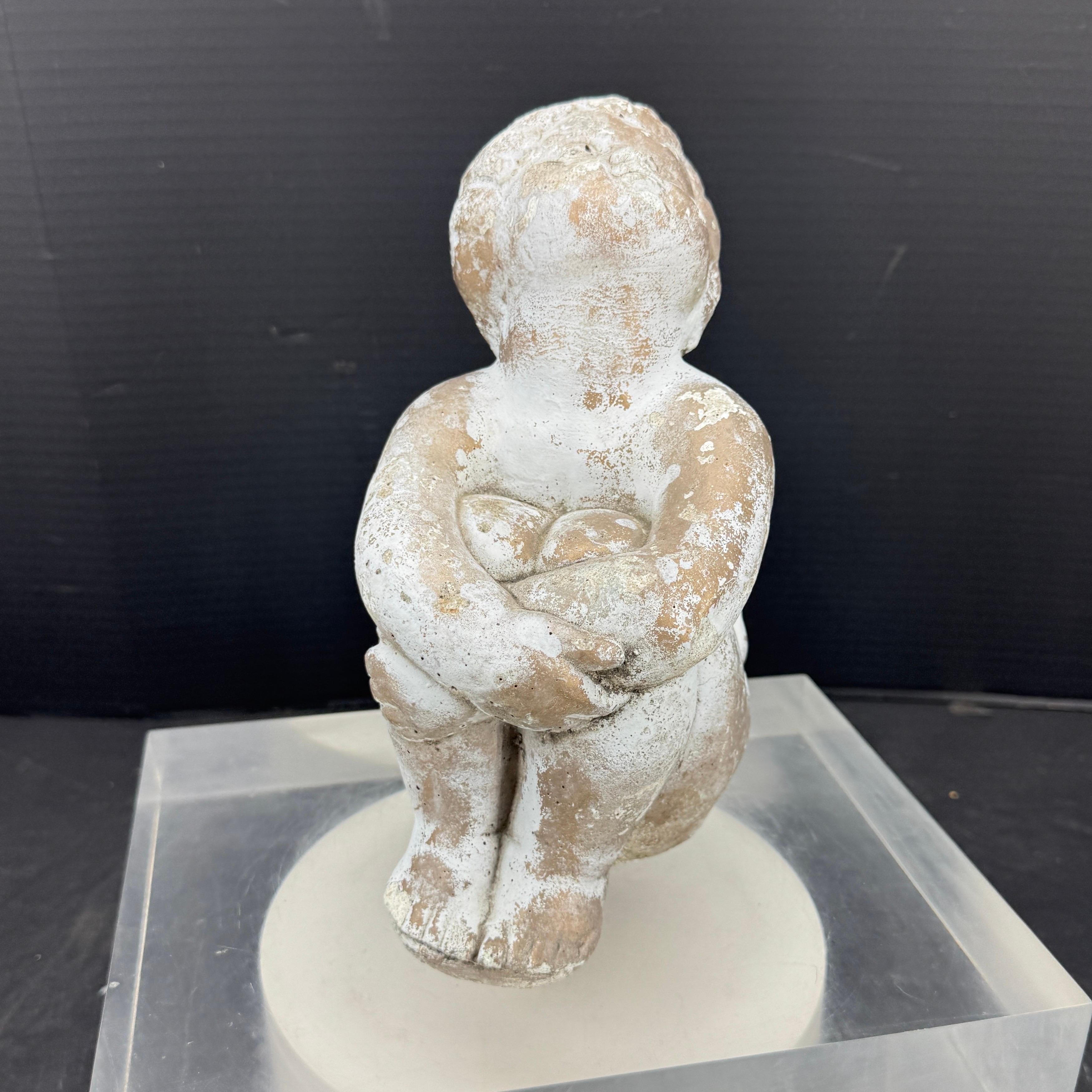 Vintage Concrete Statue of Girl Holding Knees Garden Ornament For Sale 11